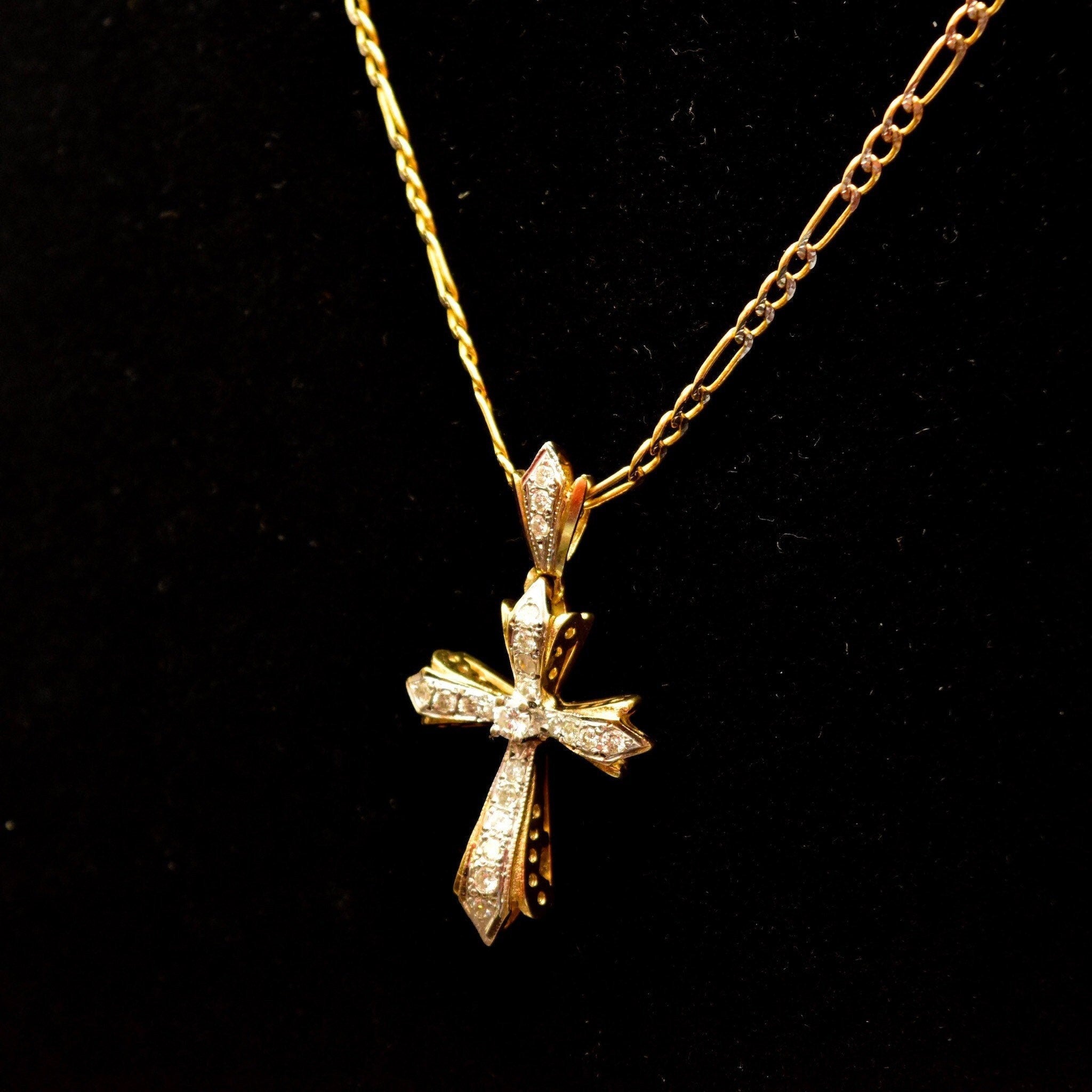14K Diamond Pave Gothic Cross Pendant Necklace, Two-Tone Diamond Cut Figaro Chain, Vintage Religious Jewelry, 16" L