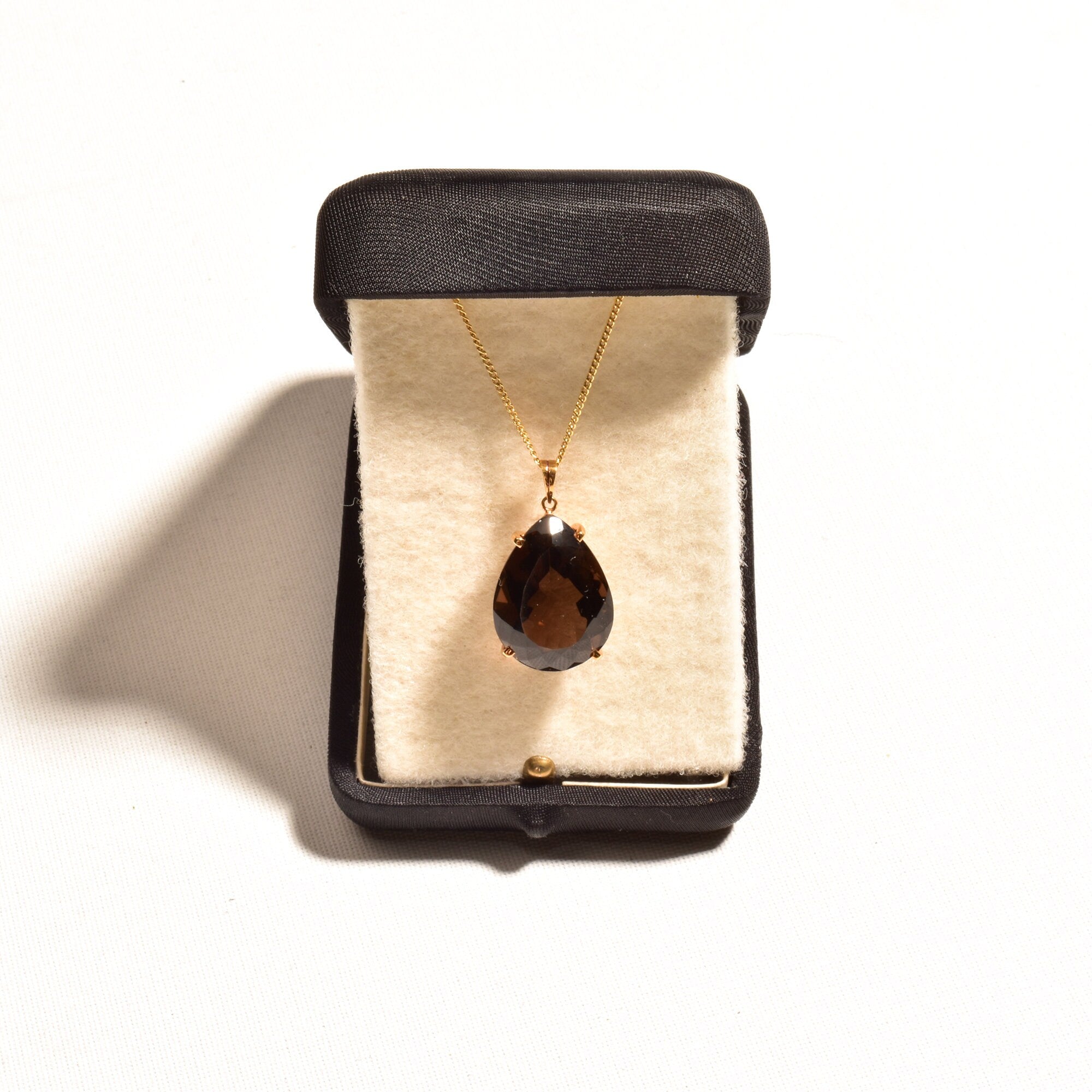 Estate 18K Smoky Quartz Teardrop Necklace In Yellow Gold, Pear-Cut Solitaire Pendant, 1mm Gold Chain, 16" L
