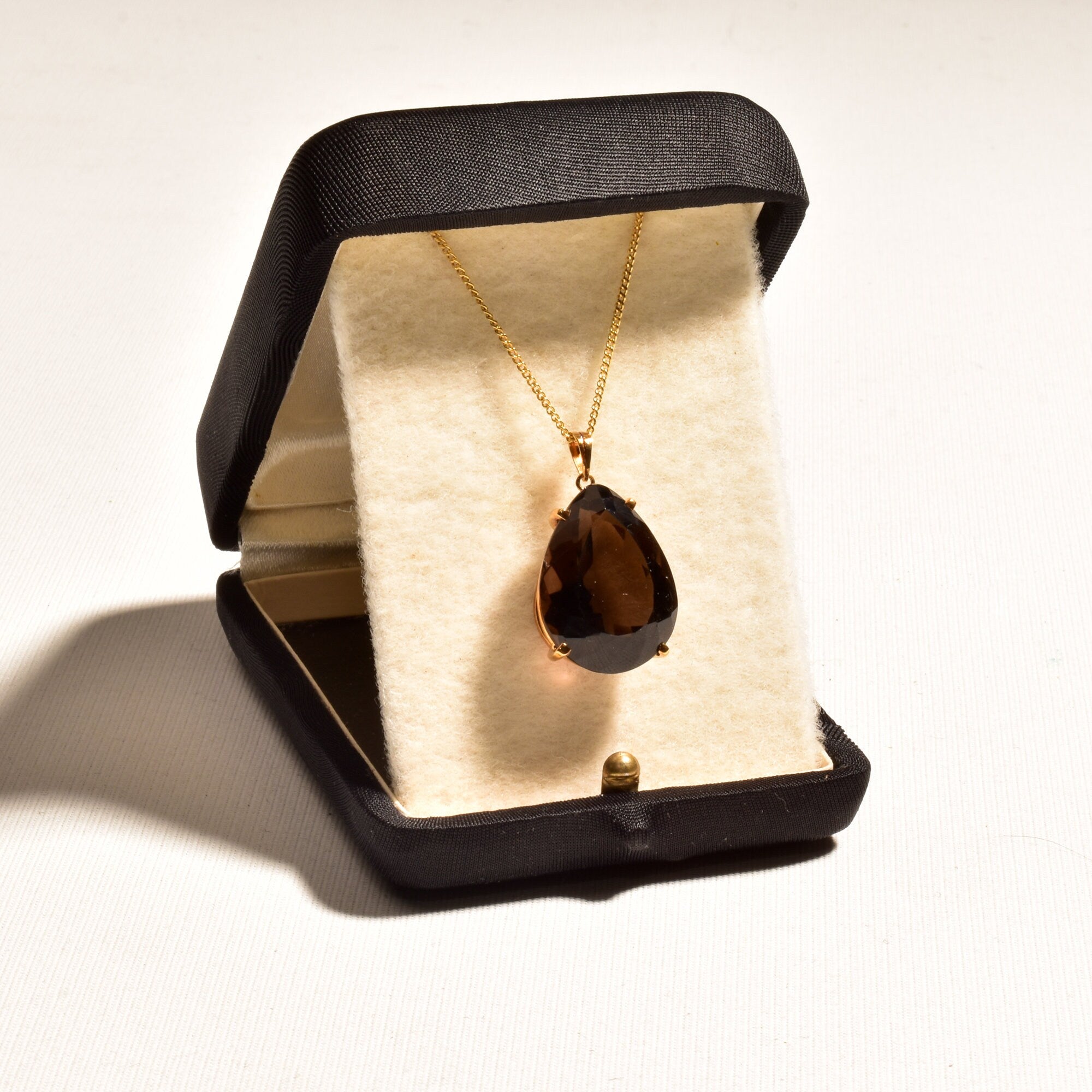 Estate 18K Smoky Quartz Teardrop Necklace In Yellow Gold, Pear-Cut Solitaire Pendant, 1mm Gold Chain, 16" L