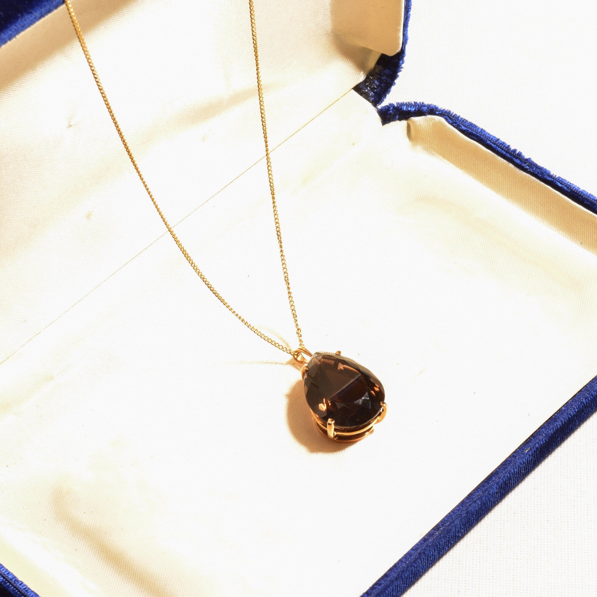 Estate 18K Smoky Quartz Teardrop Necklace In Yellow Gold, Pear-Cut Solitaire Pendant, 1mm Gold Chain, 16" L