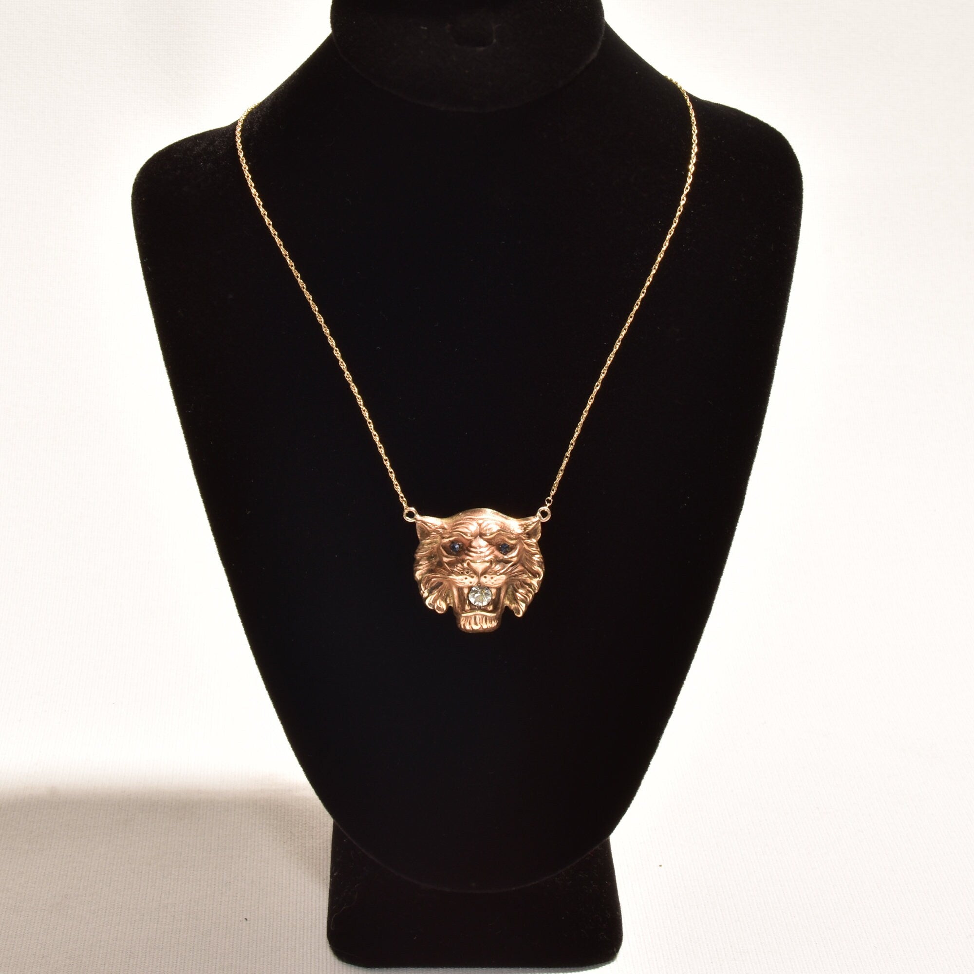 Victorian Edwardian 14K Lion Head Pendant Necklace With CZ Diamond & Blue Glass Jewels, Antique Jewelry, 17" L
