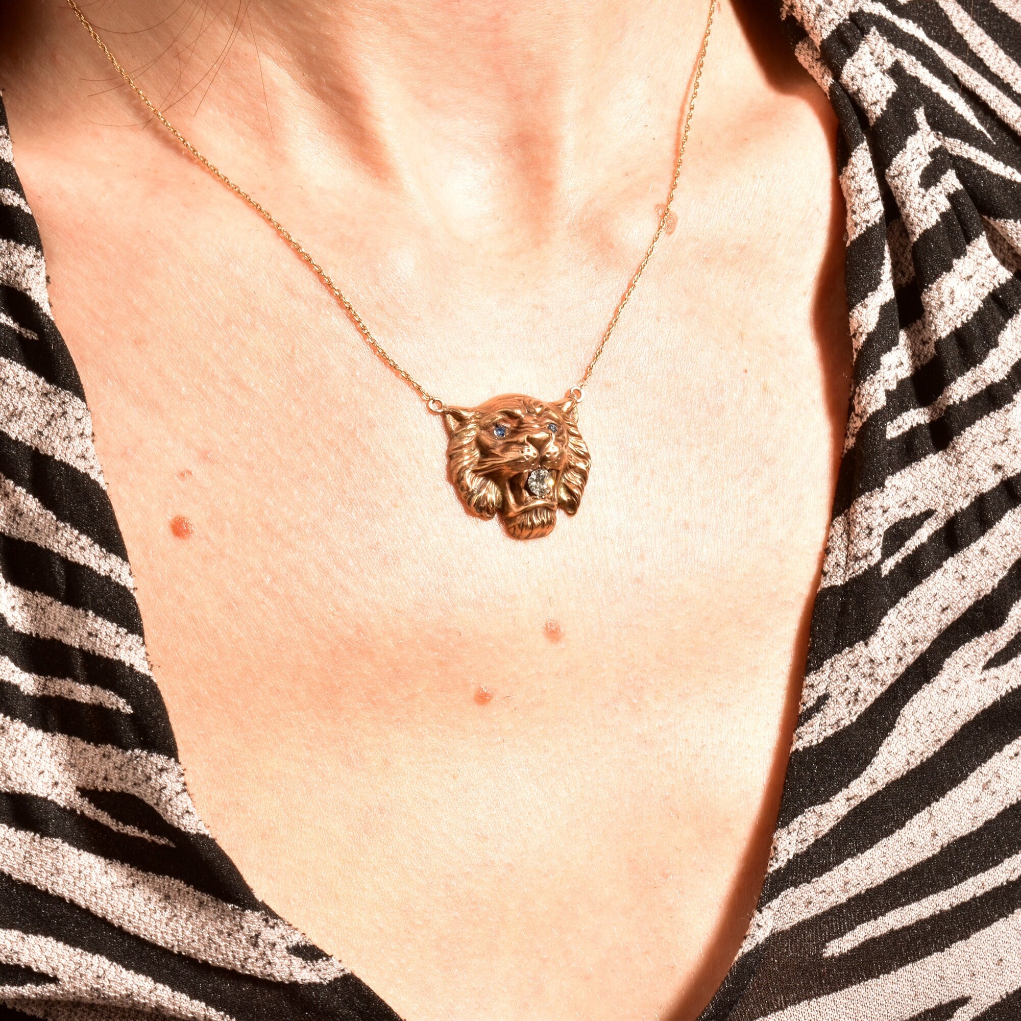 Victorian Edwardian 14K Lion Head Pendant Necklace With CZ Diamond & Blue Glass Jewels, Antique Jewelry, 17" L