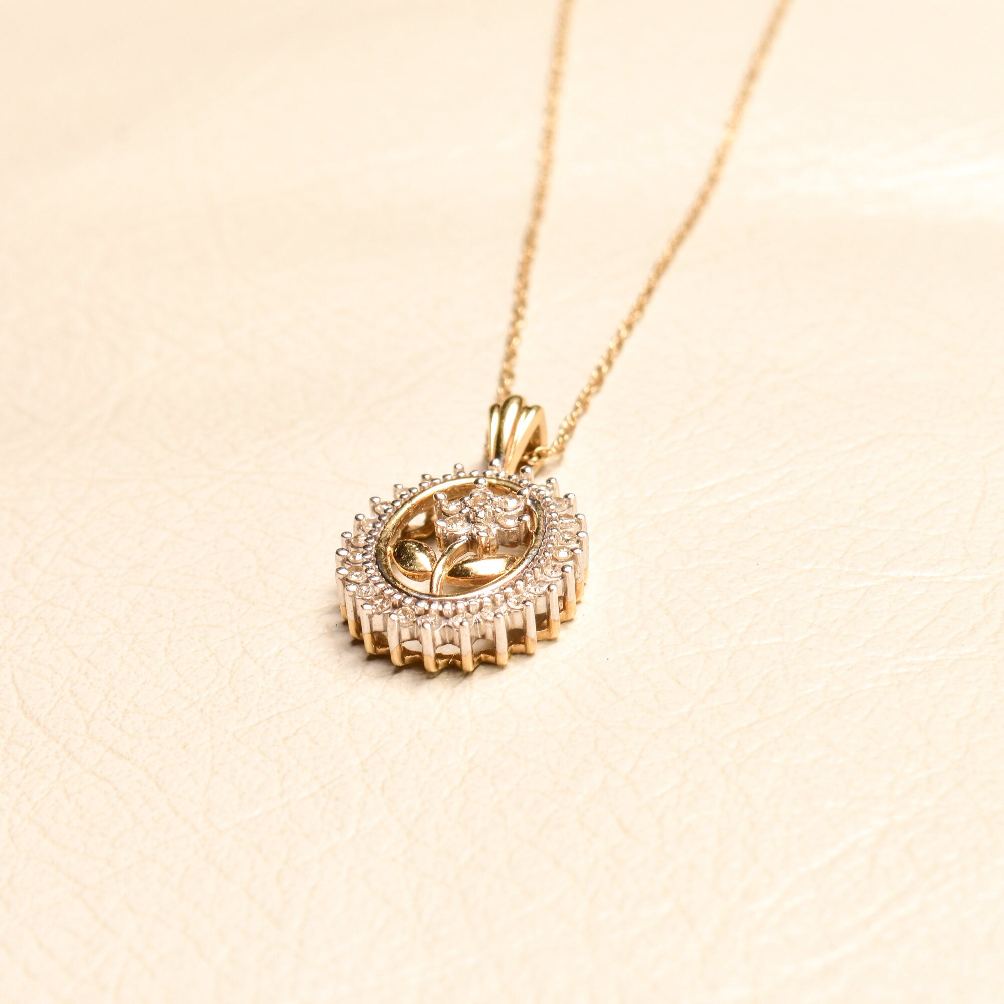 Elegant 10K Diamond Pave Flower Necklace, Two-Tone Diamond Halo Pendant, Art Deco Revival, Estate Jewelry, 19" L