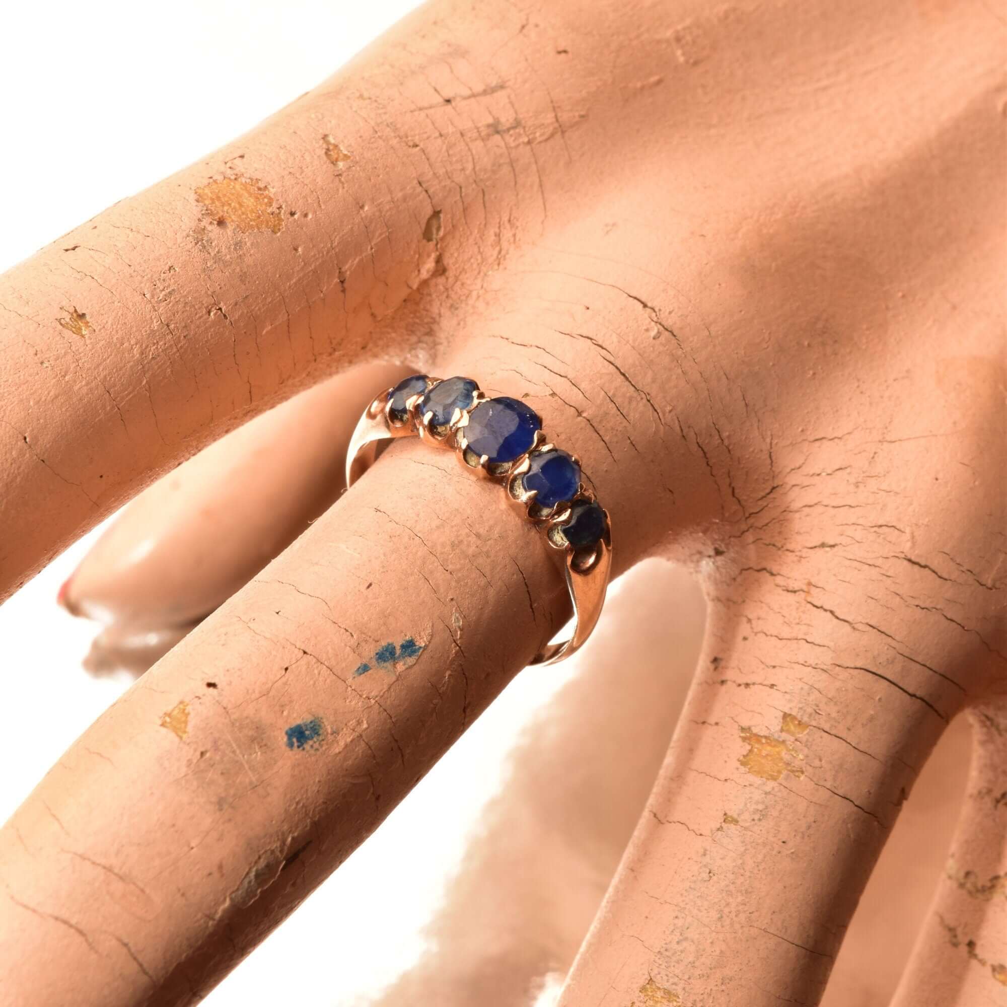 Antique Five-Stone Natural Sapphire Ring In 14K Gold, Half-Eternity Engagement Ring, Estate Jewelry, 7 US - Good's Vintage