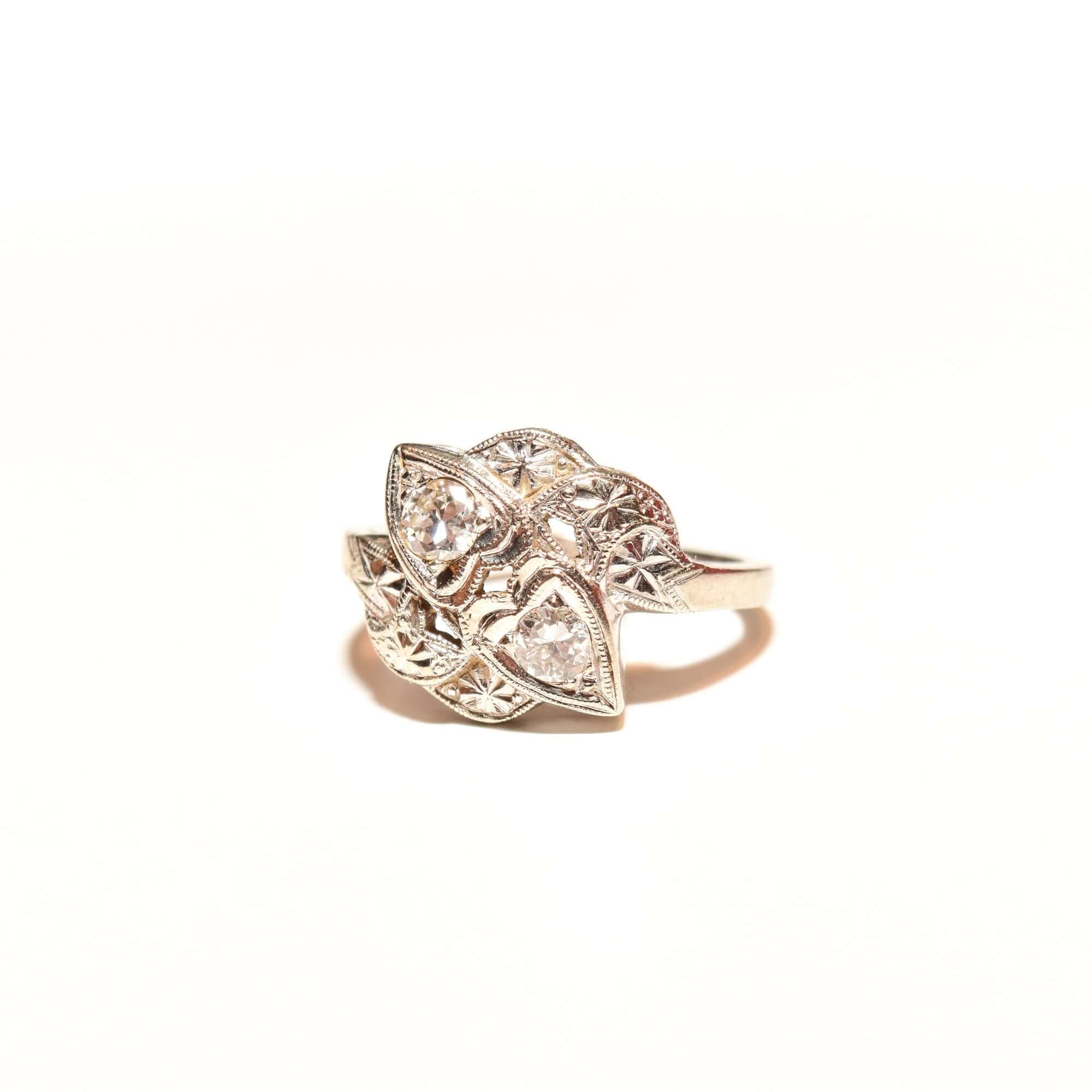 Elegant Two-Diamond Cocktail Ring In 14K White Gold, Textured Stamped Design, .30 TCW, Estate Jewelry, 4 1/2 US