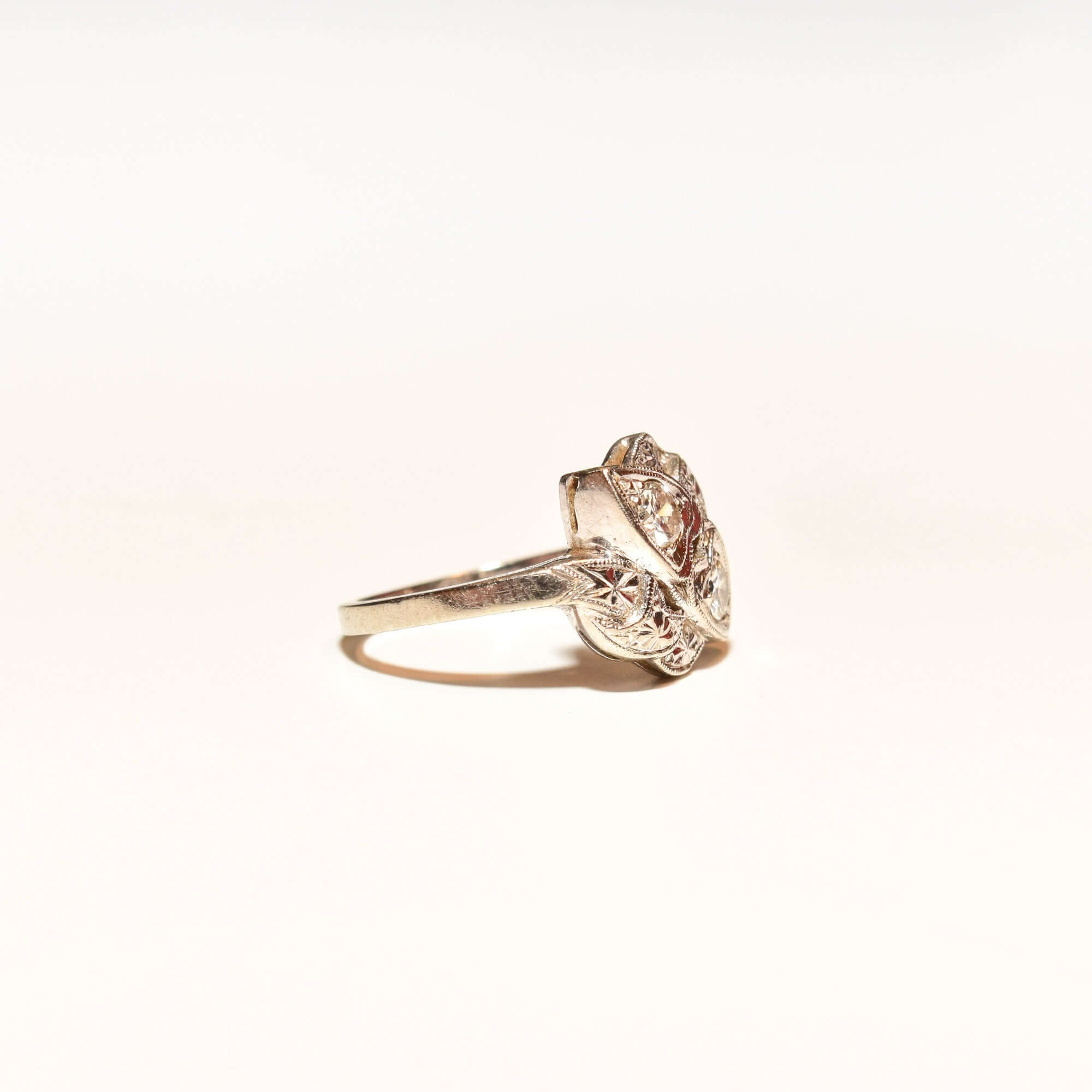Elegant Two-Diamond Cocktail Ring In 14K White Gold, Textured Stamped Design, .30 TCW, Estate Jewelry, 4 1/2 US