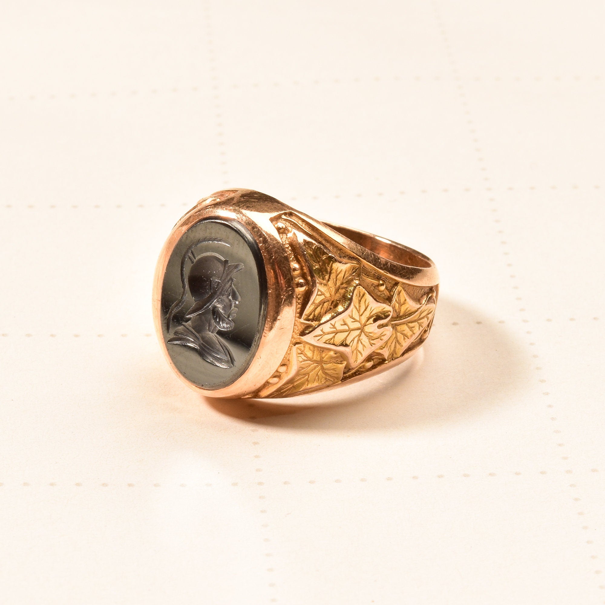 Men's 18K Hematite Intaglio Signet Ring, Gladiator Cameo Ring, Yellow Gold Leaf Motifs, Estate Jewelry, 9 US - Good's Vintage