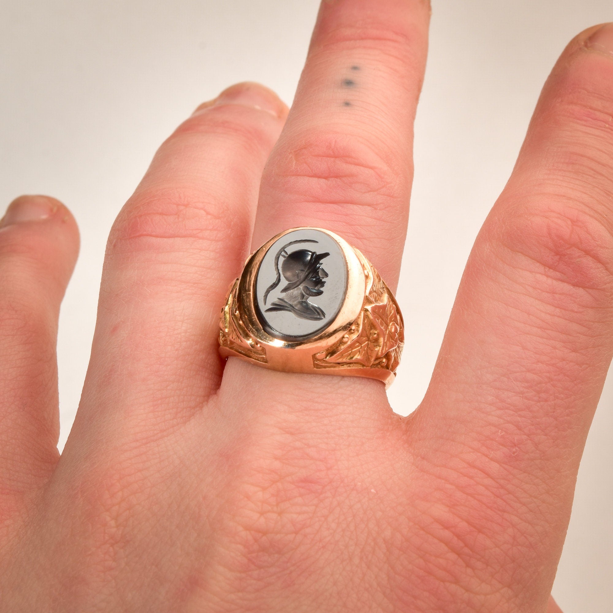 Men's 18K Hematite Intaglio Signet Ring, Gladiator Cameo Ring, Yellow Gold Leaf Motifs, Estate Jewelry, 9 US - Good's Vintage