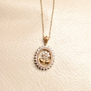 Elegant 10K Diamond Pave Flower Necklace, Two-Tone Diamond Halo Pendant, Art Deco Revival, Estate Jewelry, 19" L