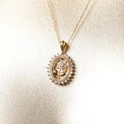 Elegant 10K Diamond Pave Flower Necklace, Two-Tone Diamond Halo Pendant, Art Deco Revival, Estate Jewelry, 19" L