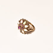 14K gold vintage Thai princess ballerina cocktail ring with pink ruby and white opal accents, ring size 6 1/4 US.