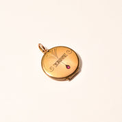 Victorian Gold Filled Locket Pendant, Garnet Accent, Engraved Motifs, Antique Locket, Mourning Jewelry, 35mm