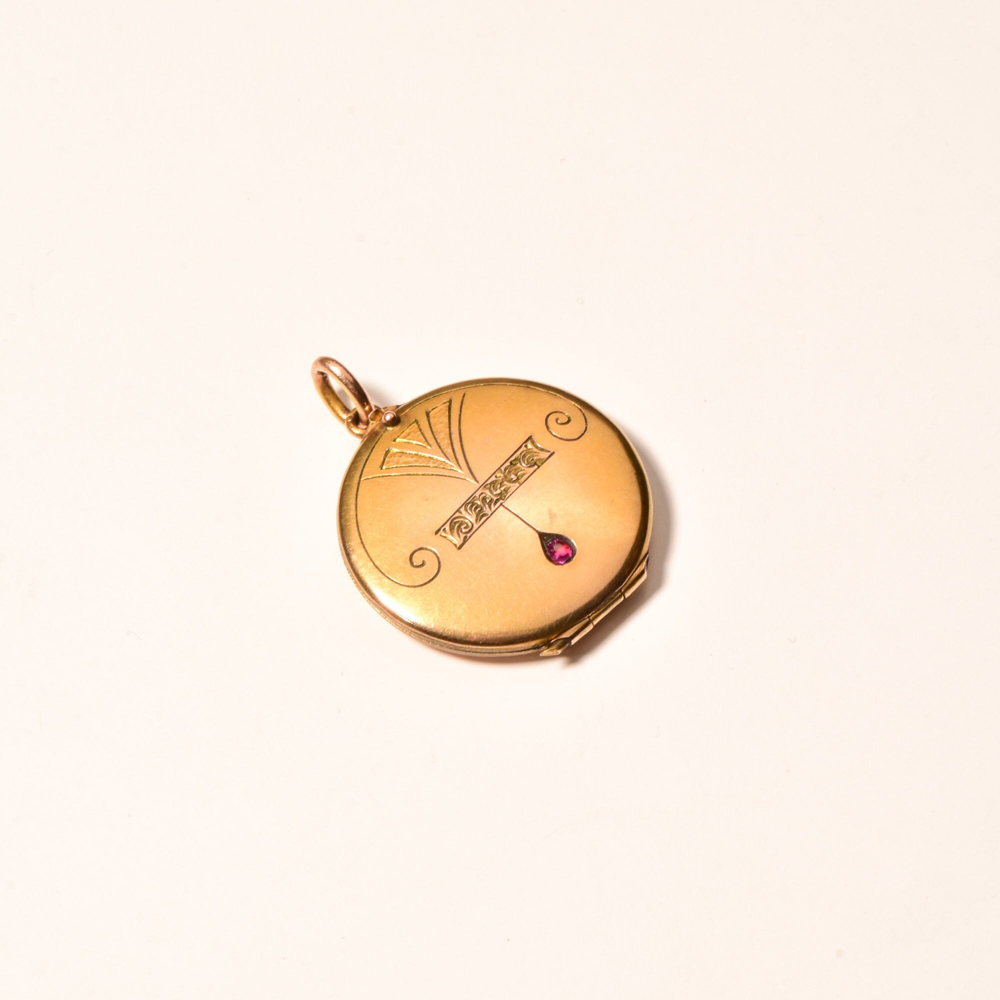 Victorian Gold Filled Locket Pendant, Garnet Accent, Engraved Motifs, Antique Locket, Mourning Jewelry, 35mm
