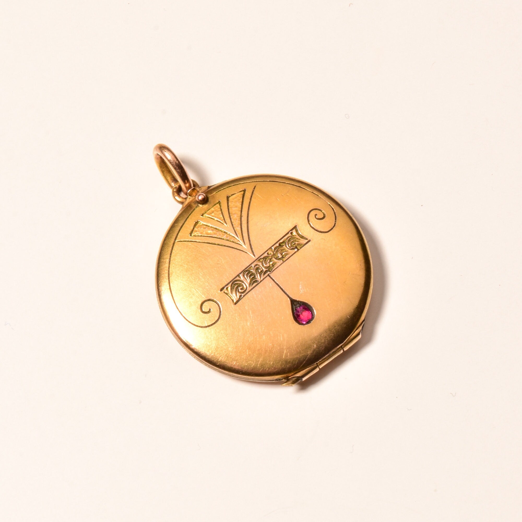 Victorian Gold Filled Locket Pendant, Garnet Accent, Engraved Motifs, Antique Locket, Mourning Jewelry, 35mm