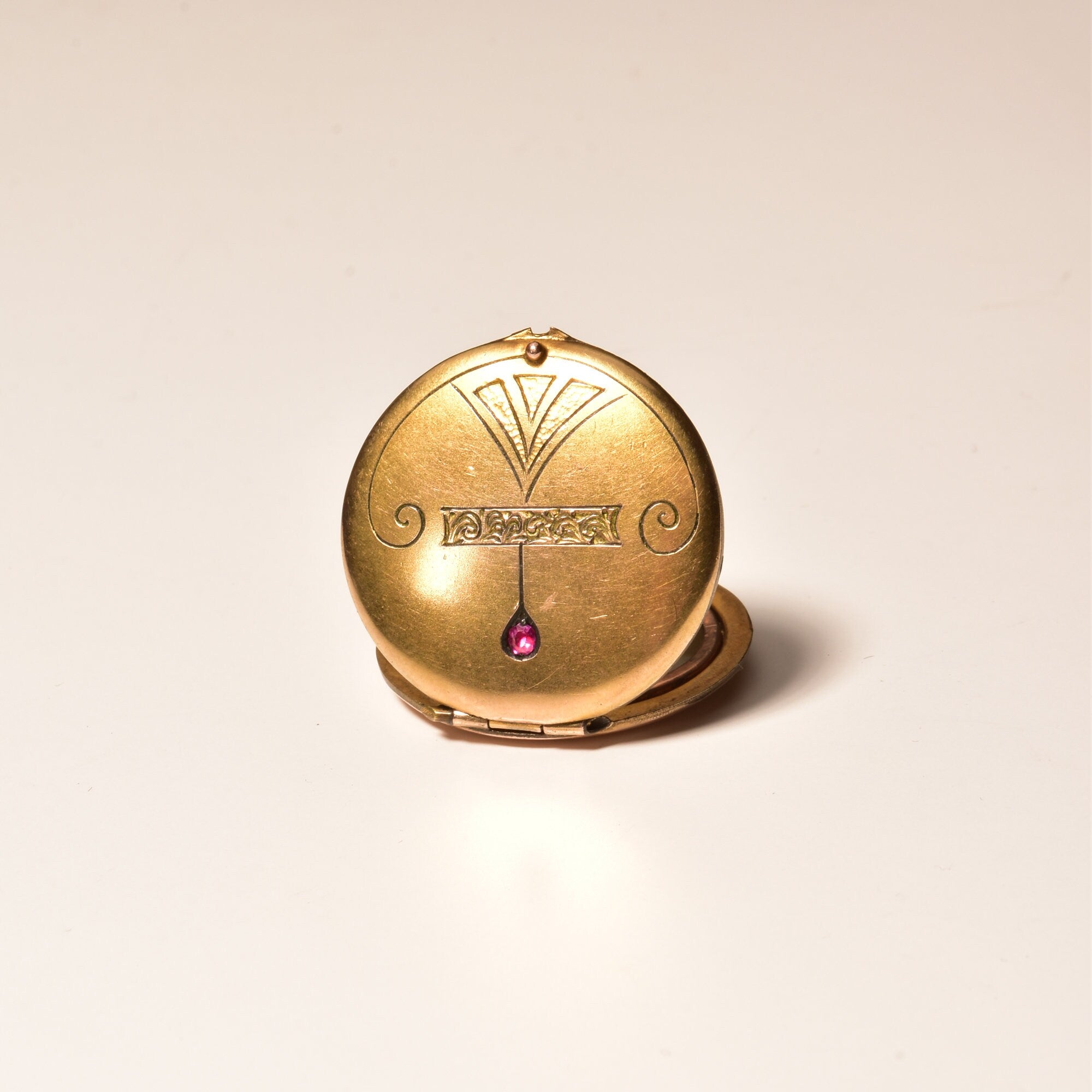 Victorian Gold Filled Locket Pendant, Garnet Accent, Engraved Motifs, Antique Locket, Mourning Jewelry, 35mm