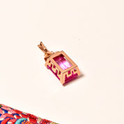 Estate 18K Emerald-Cut Pink Topaz Solitaire Pendant, Geometric Gold Setting, Large Gemstone Pendant, 36mm