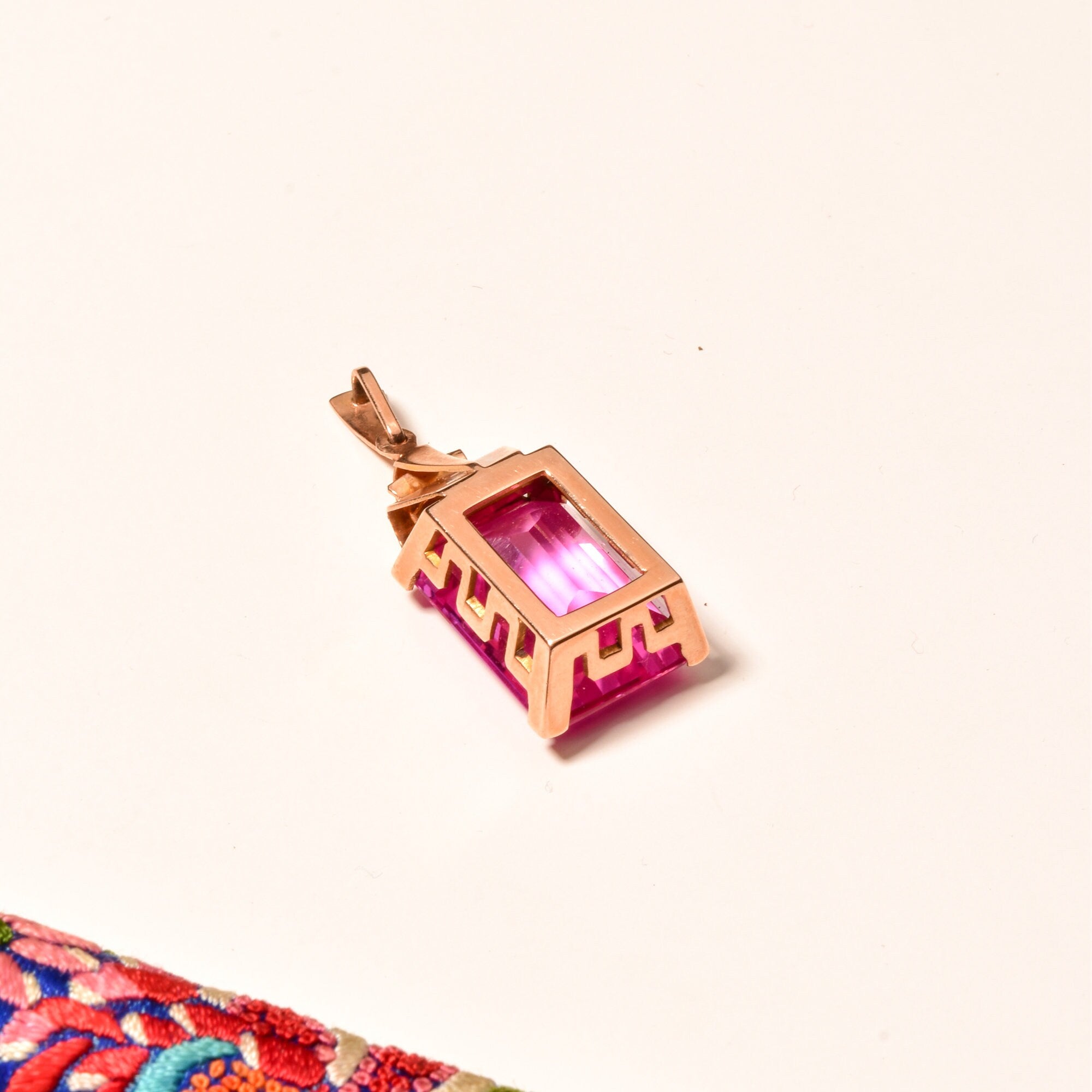 Estate 18K Emerald-Cut Pink Topaz Solitaire Pendant, Geometric Gold Setting, Large Gemstone Pendant, 36mm
