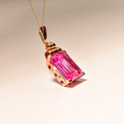 Estate 18K Emerald-Cut Pink Topaz Solitaire Pendant, Geometric Gold Setting, Large Gemstone Pendant, 36mm