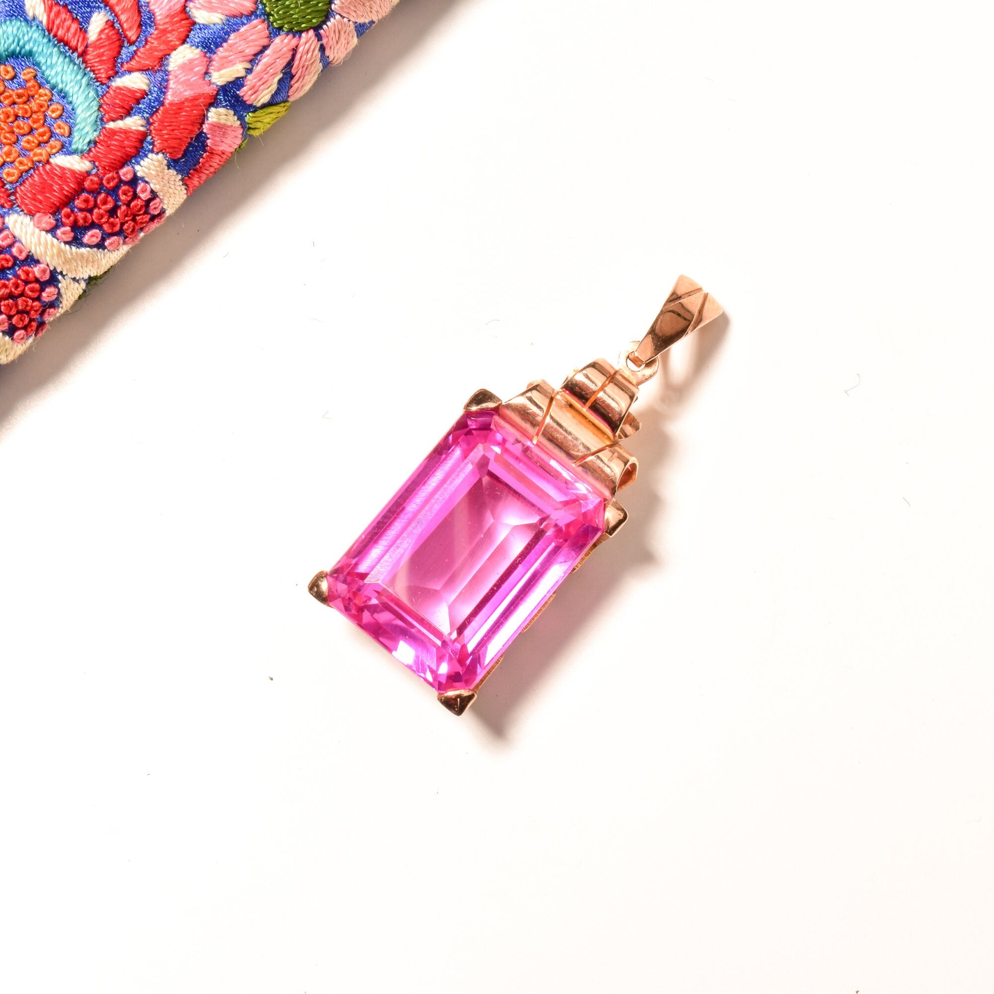Estate 18K Emerald-Cut Pink Topaz Solitaire Pendant, Geometric Gold Setting, Large Gemstone Pendant, 36mm