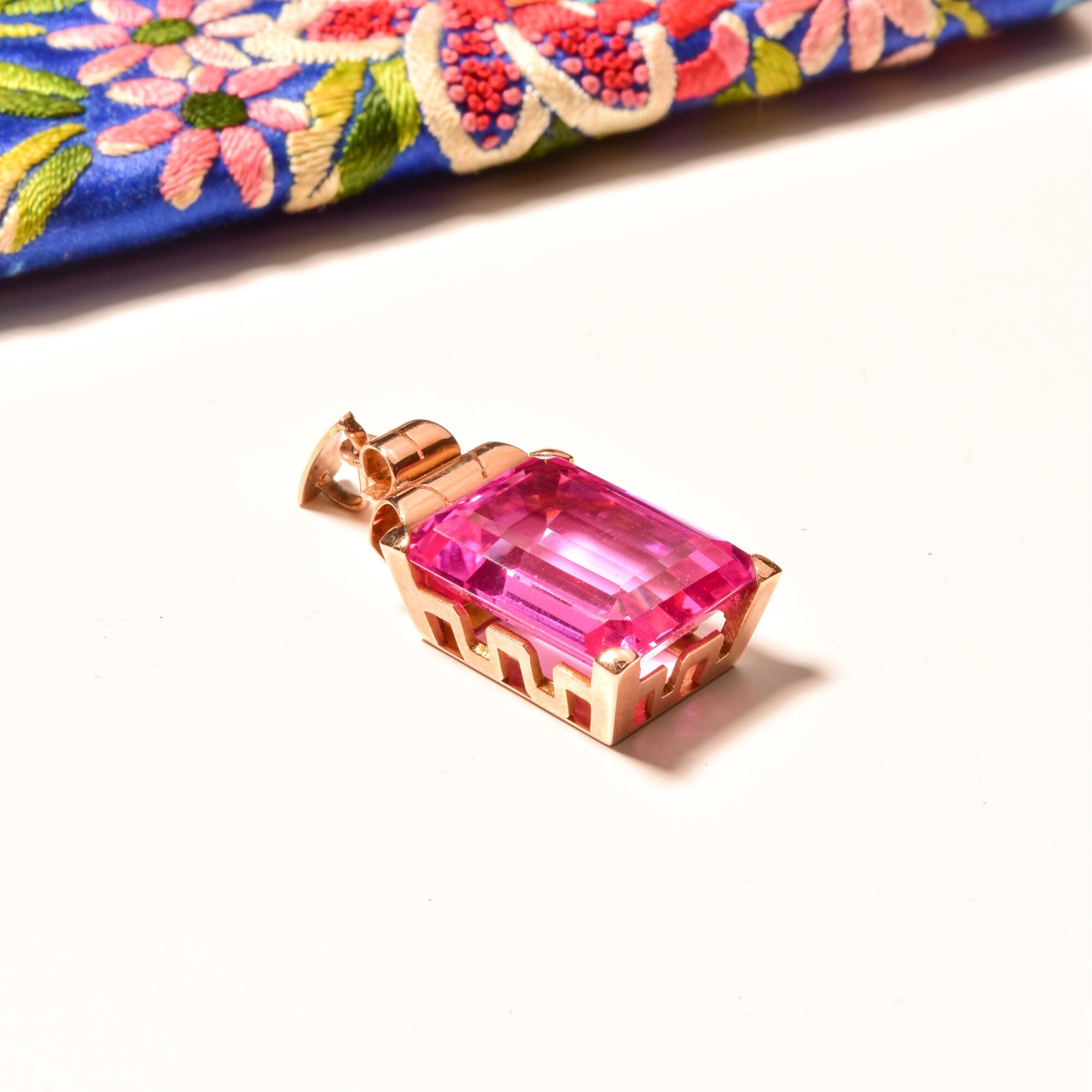 Estate 18K Emerald-Cut Pink Topaz Solitaire Pendant, Geometric Gold Setting, Large Gemstone Pendant, 36mm