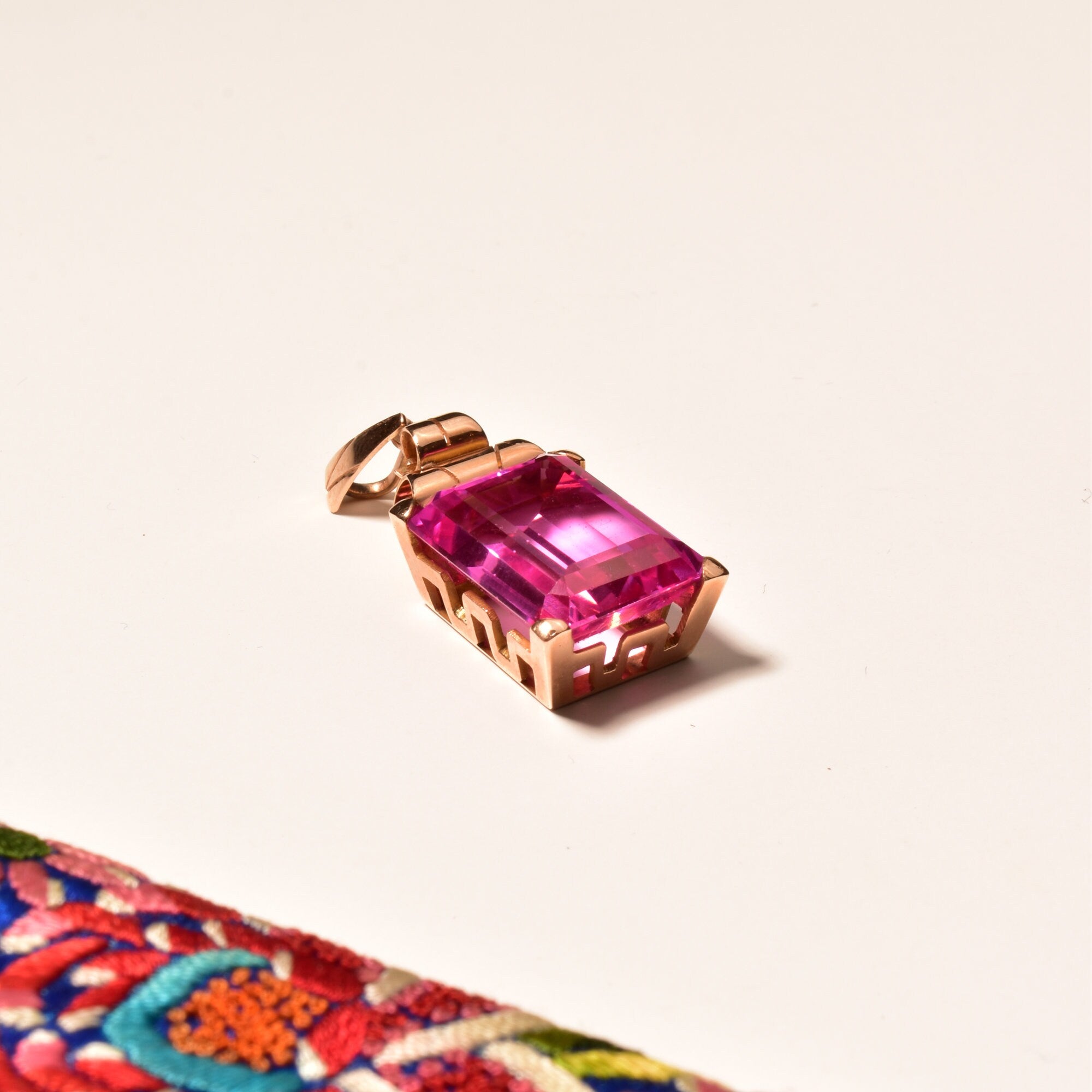 Estate 18K Emerald-Cut Pink Topaz Solitaire Pendant, Geometric Gold Setting, Large Gemstone Pendant, 36mm