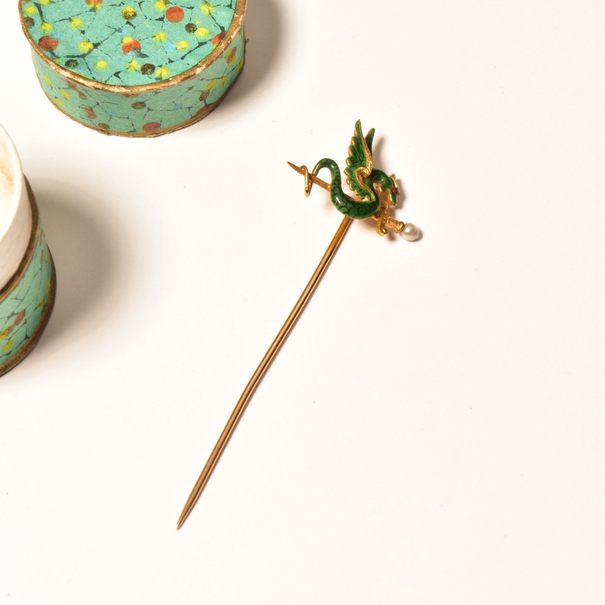 Art Nouveau 14K Enameled Seed Pearl Dragon Stick Pin, Yellow Gold Hat Pin, Japanese Dragon & Sword Motif, 5.5cm