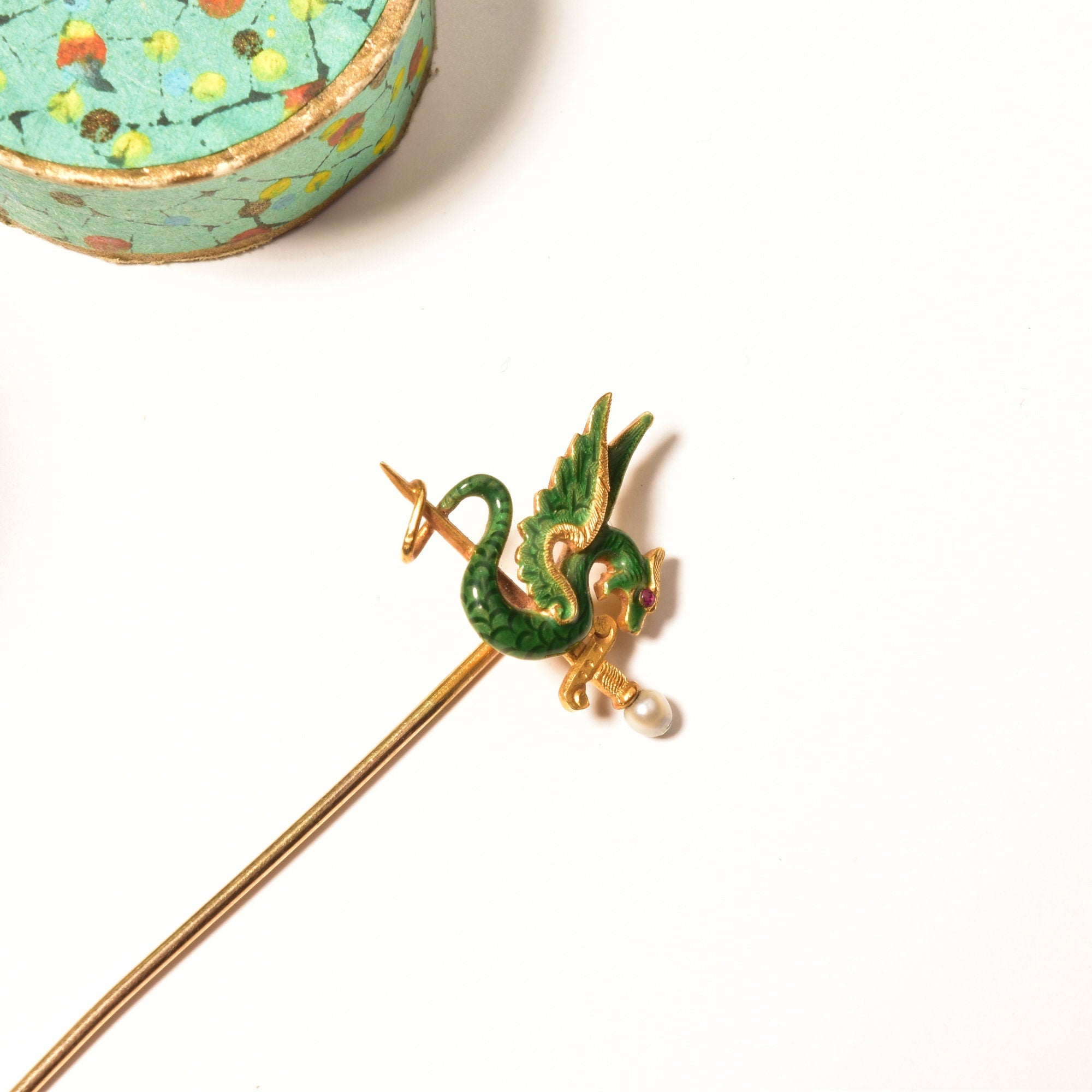 Art Nouveau 14K Enameled Seed Pearl Dragon Stick Pin, Yellow Gold Hat Pin, Japanese Dragon & Sword Motif, 5.5cm