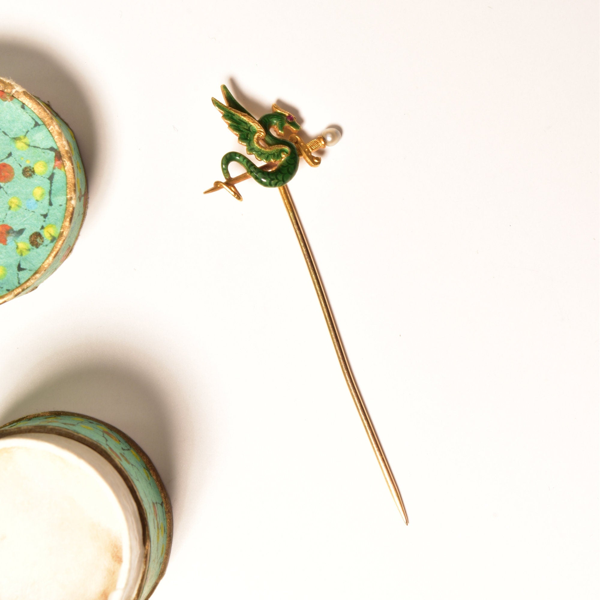 Art Nouveau 14K Enameled Seed Pearl Dragon Stick Pin, Yellow Gold Hat Pin, Japanese Dragon & Sword Motif, 5.5cm