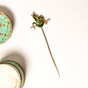 Art Nouveau 14K Enameled Seed Pearl Dragon Stick Pin, Yellow Gold Hat Pin, Japanese Dragon & Sword Motif, 5.5cm