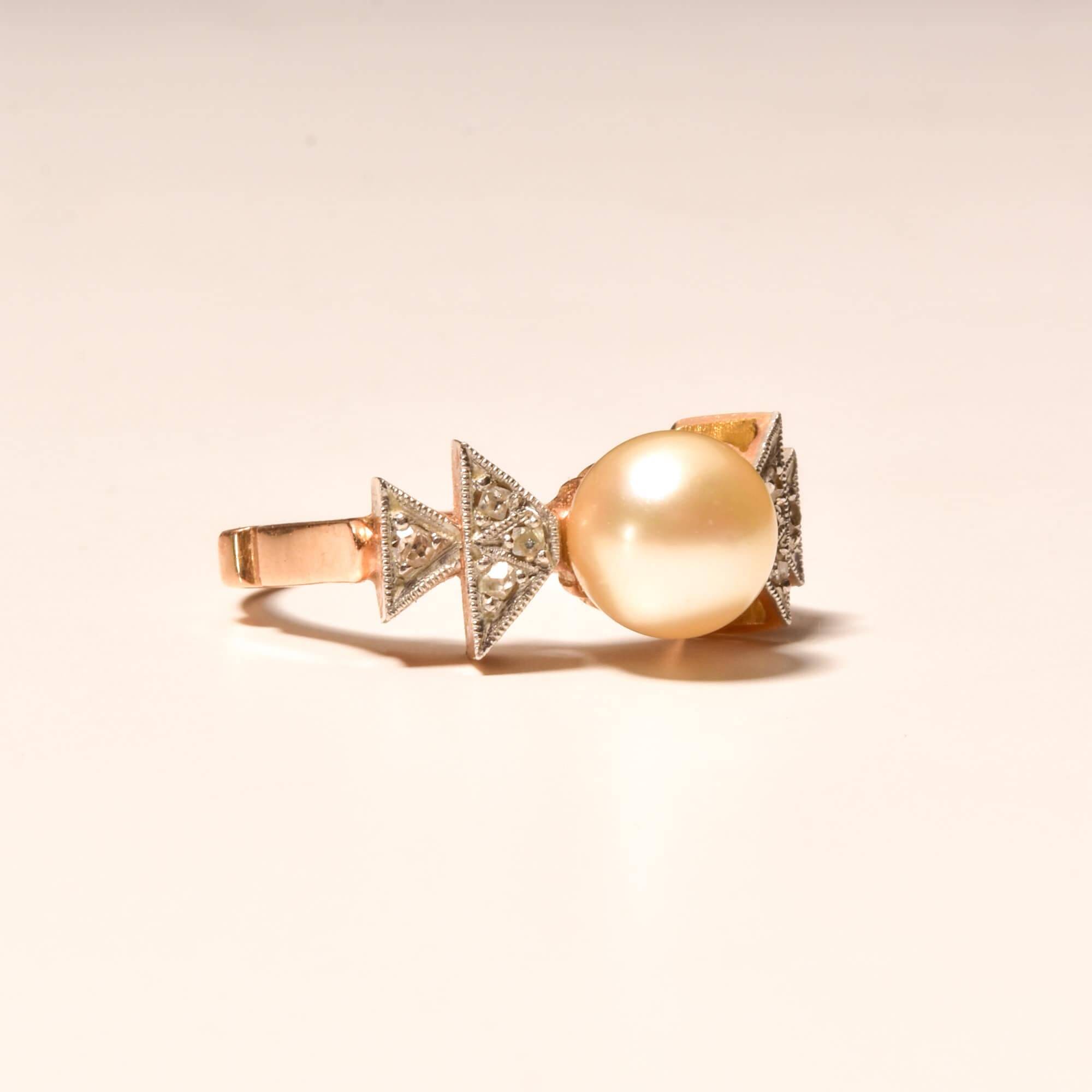 Art Deco Two-Tone Pearl Diamond Accent Ring In 18K Gold