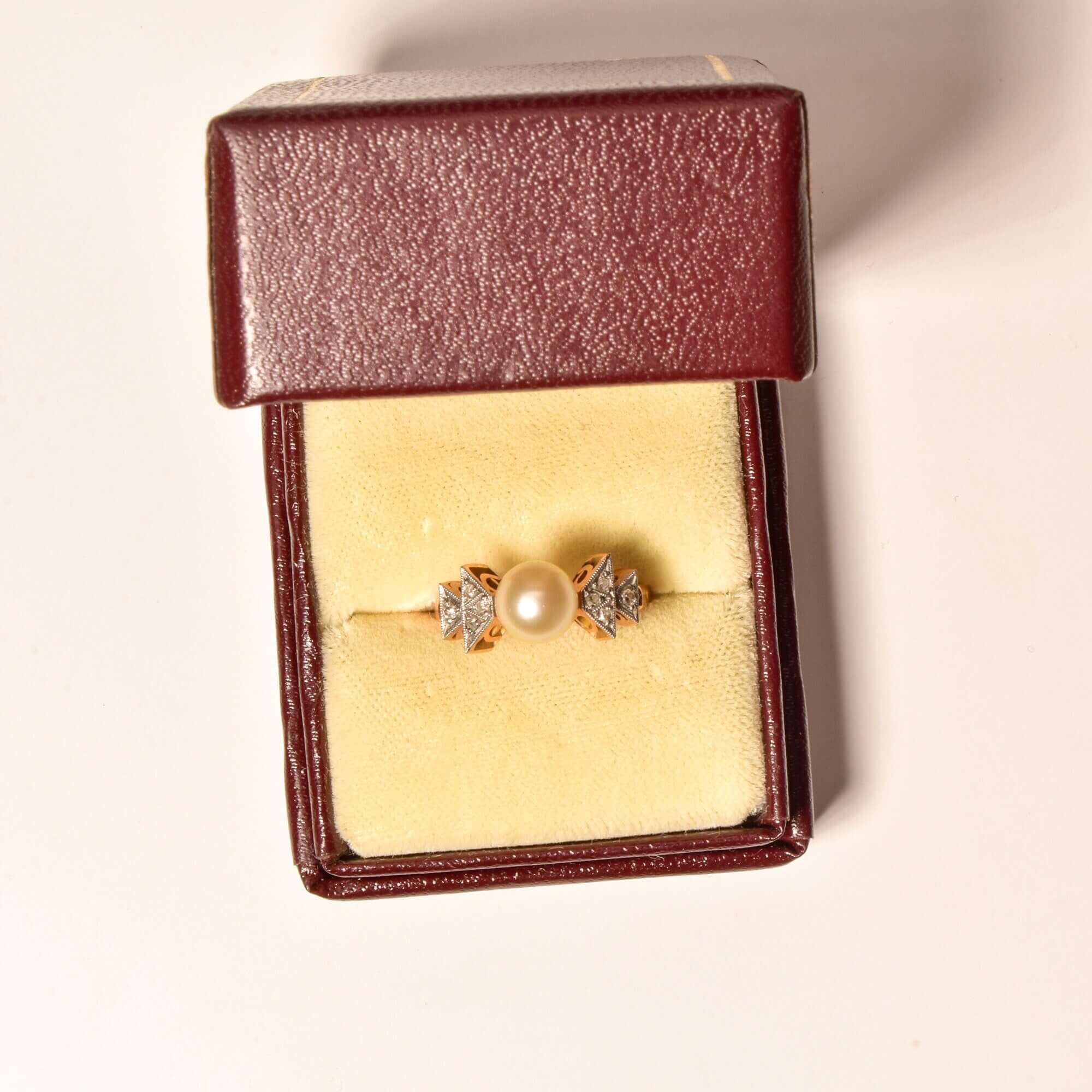 Art Deco Two-Tone Pearl Diamond Accent Ring In 18K Gold