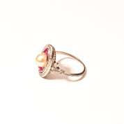 Edwardian Pearl Pink Ruby Diamond Halo Cocktail Ring In 14K White Gold, Estate Jewelry, Size 6 1/2 US