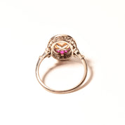 Edwardian Pearl Pink Ruby Diamond Halo Cocktail Ring In 14K White Gold, Estate Jewelry, Size 6 1/2 US