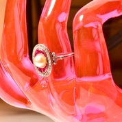 Edwardian Pearl Pink Ruby Diamond Halo Cocktail Ring In 14K White Gold, Estate Jewelry, Size 6 1/2 US