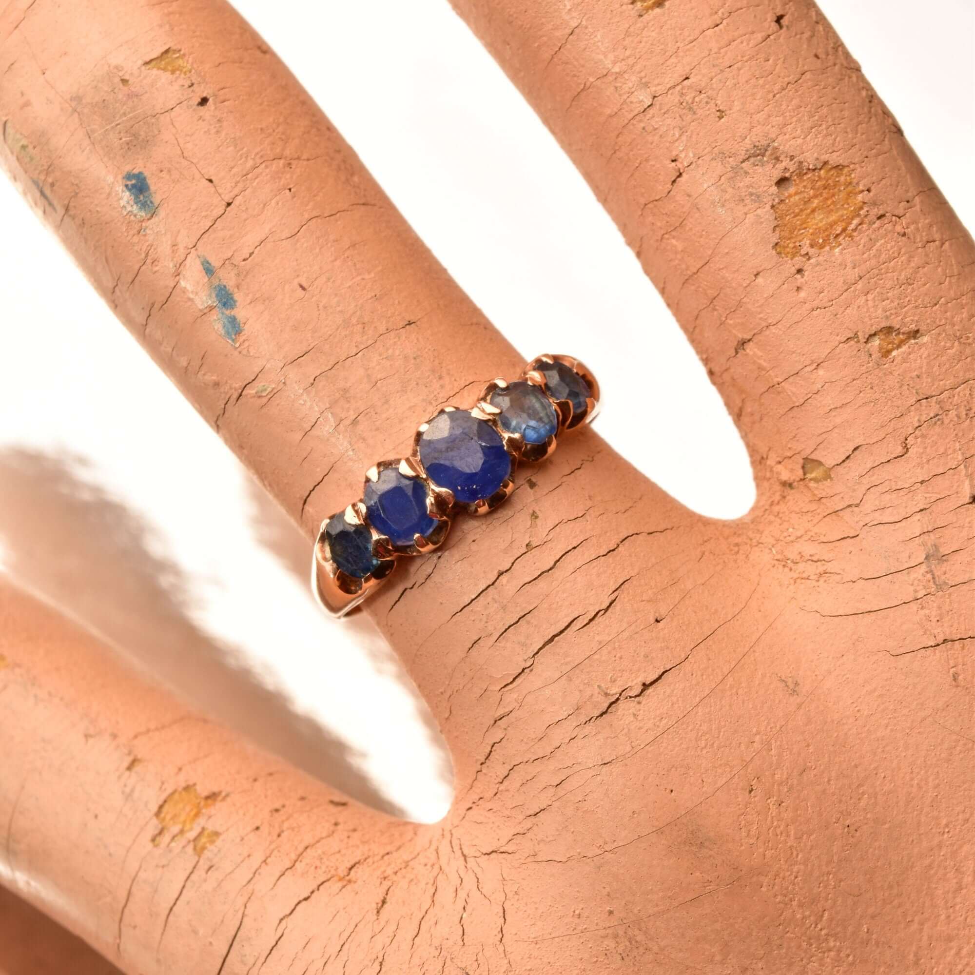Antique Five-Stone Natural Sapphire Ring In 14K Gold, Half-Eternity Engagement Ring, Estate Jewelry, 7 US - Good's Vintage