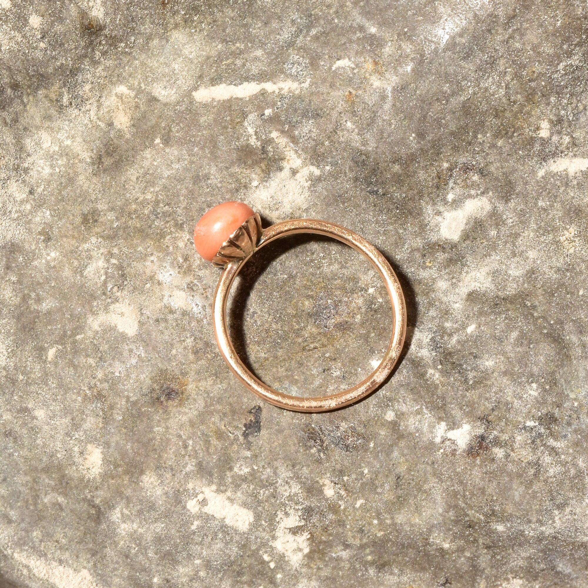 Pink Coral Bead Solitaire Ring In 14K Gold, Minimalist Gold Ring, Stacking Ring, Estate Jewelry, Size 6 US