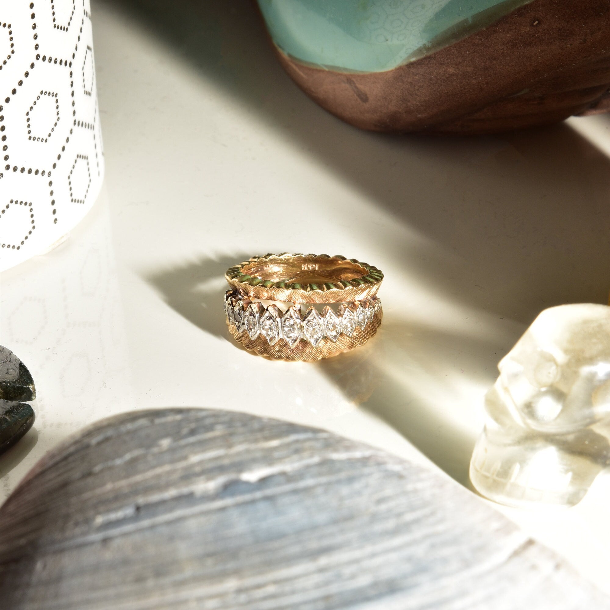 14K Textured Diamond Wide Band Ring, White Gold Diamond Accents, Estate Jewelry, Statement Ring, Size 7 US