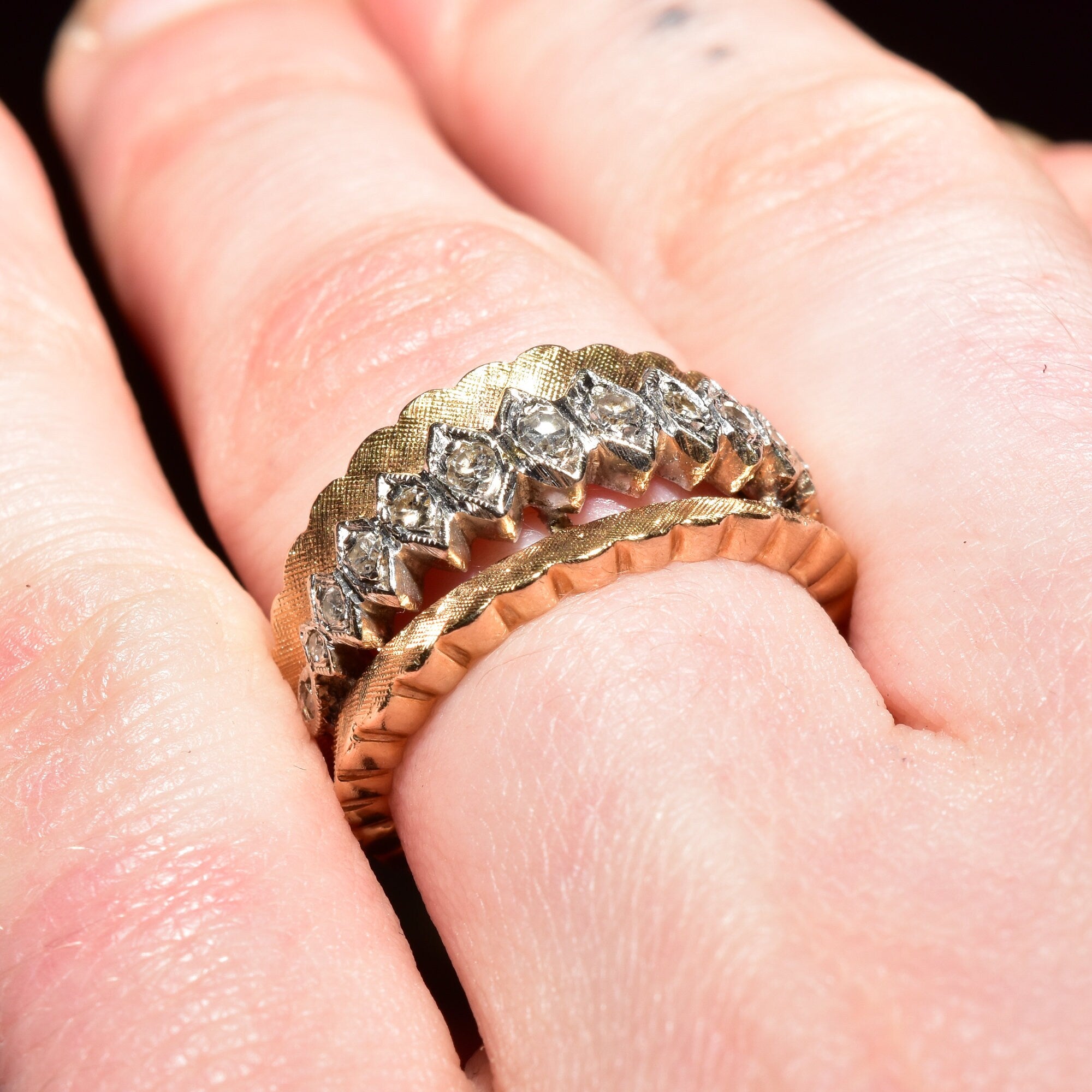 14K Textured Diamond Wide Band Ring, White Gold Diamond Accents, Estate Jewelry, Statement Ring, Size 7 US