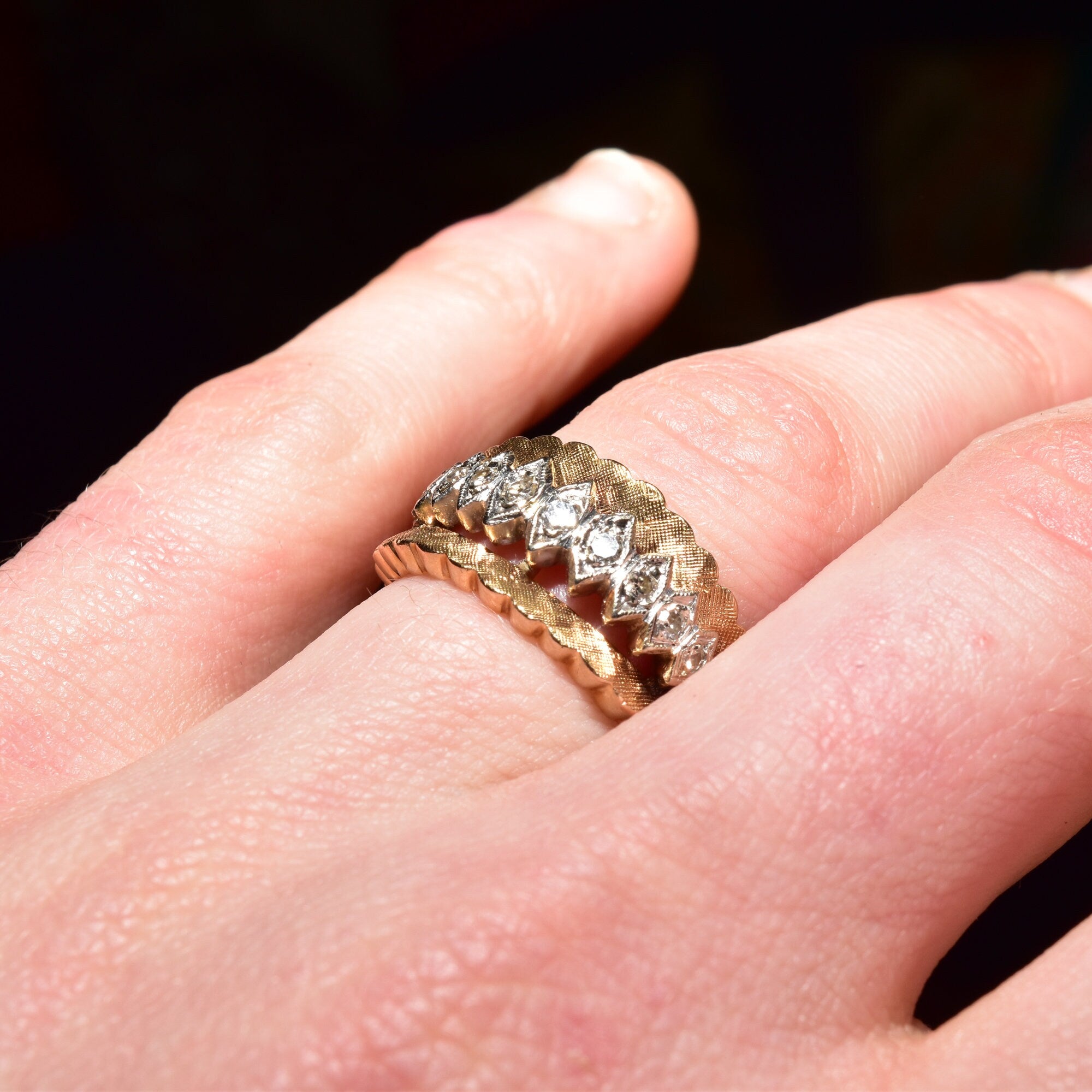 14K Textured Diamond Wide Band Ring, White Gold Diamond Accents, Estate Jewelry, Statement Ring, Size 7 US