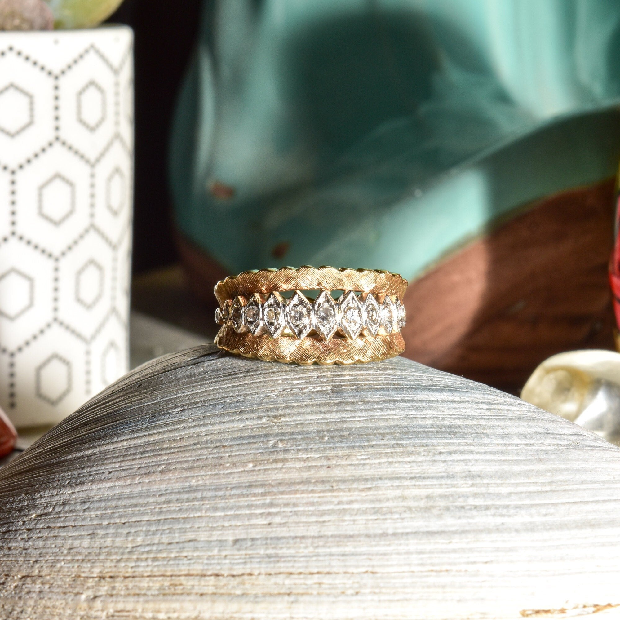 14K Textured Diamond Wide Band Ring, White Gold Diamond Accents, Estate Jewelry, Statement Ring, Size 7 US