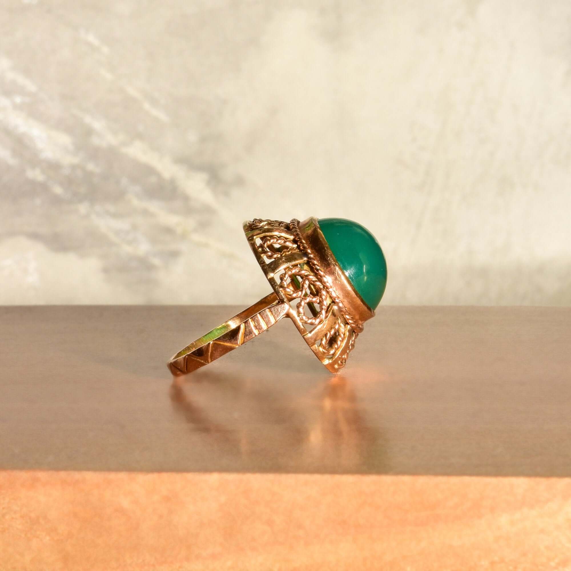 Chrysoprase Bombe Ring In 14K Yellow Gold, Ornate Filigree Designs, Vintage Cocktail Ring, Size 7 US