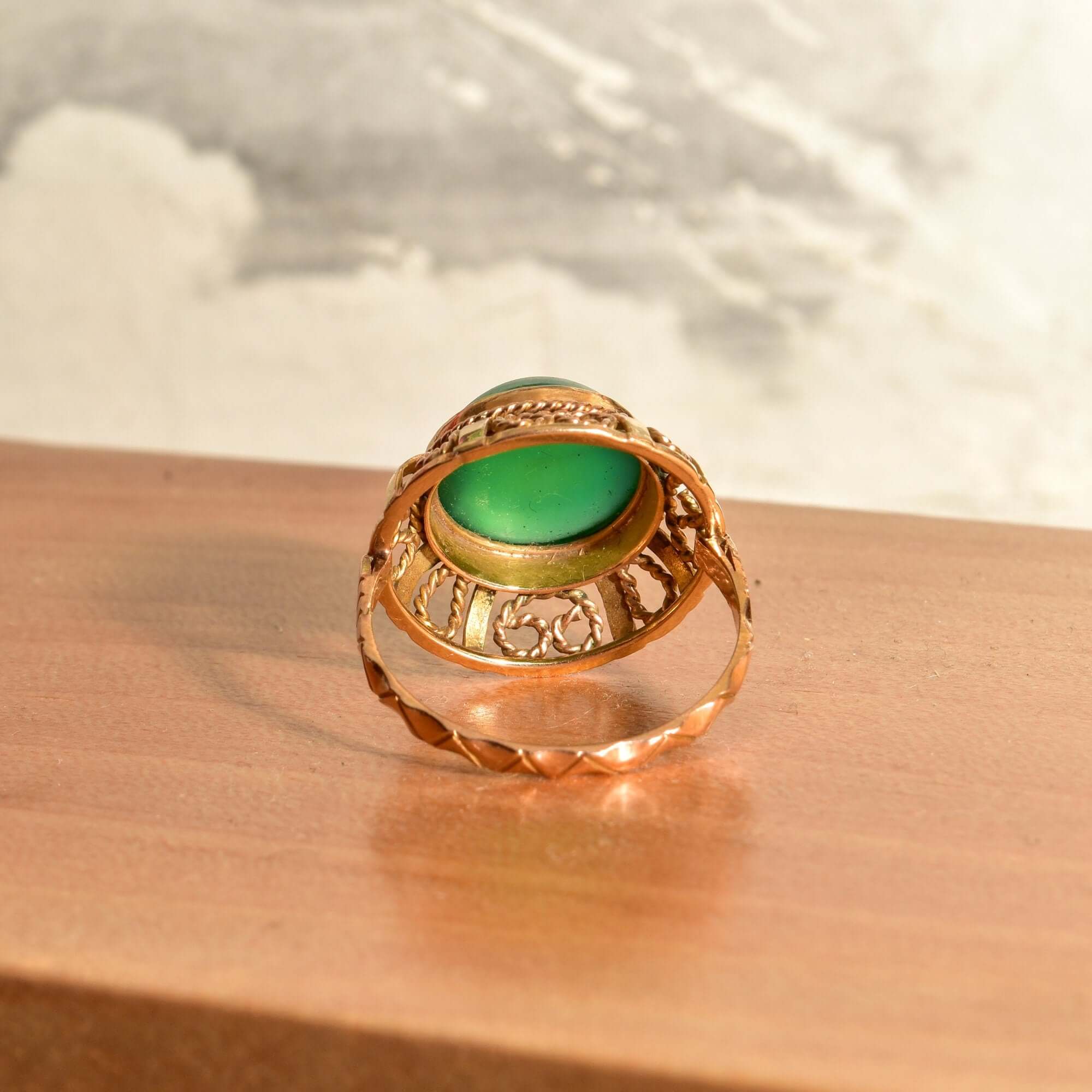 Chrysoprase Bombe Ring In 14K Yellow Gold, Ornate Filigree Designs, Vintage Cocktail Ring, Size 7 US