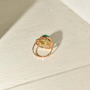 Chrysoprase Bombe Ring In 14K Yellow Gold, Ornate Filigree Designs, Vintage Cocktail Ring, Size 7 US