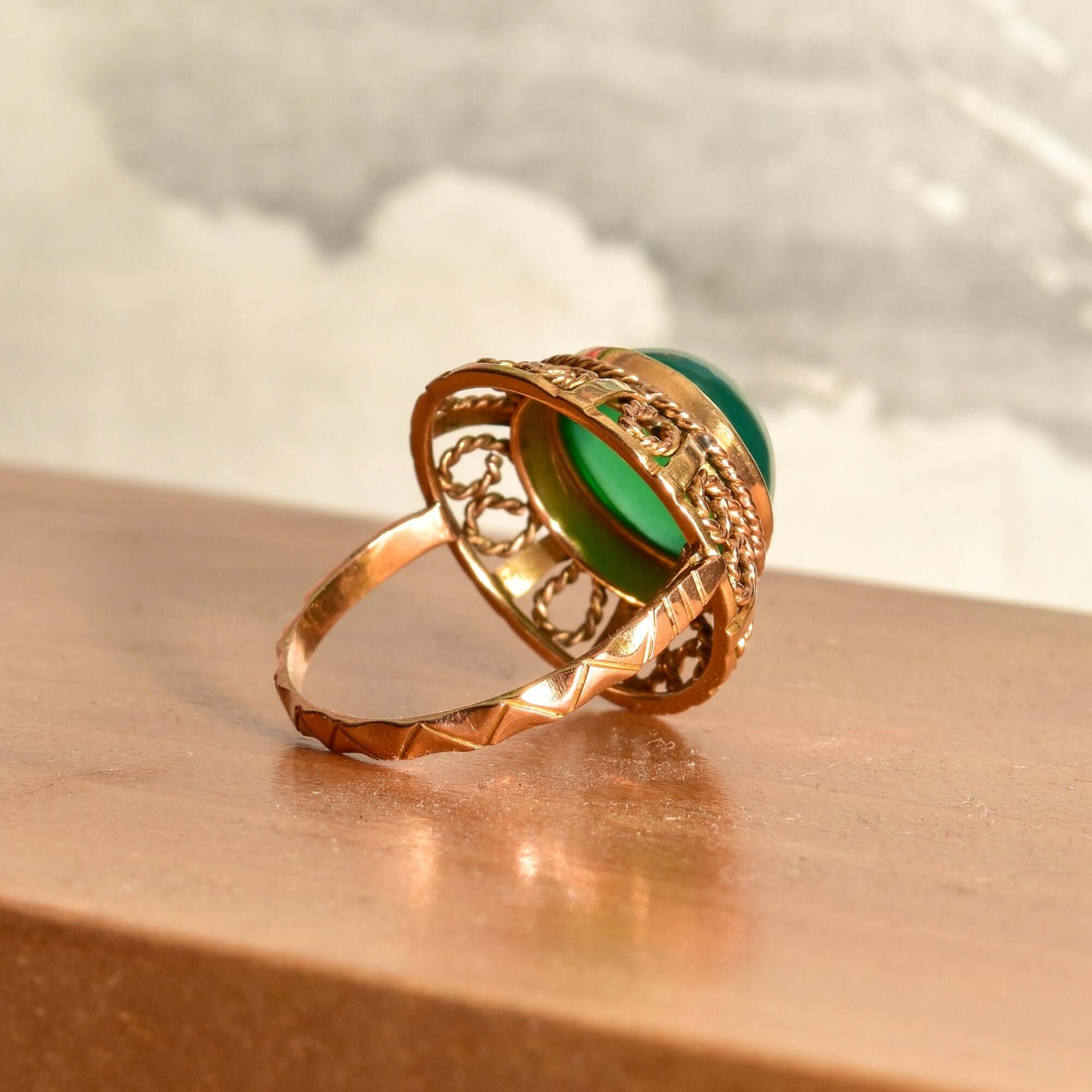 Chrysoprase Bombe Ring In 14K Yellow Gold, Ornate Filigree Designs, Vintage Cocktail Ring, Size 7 US