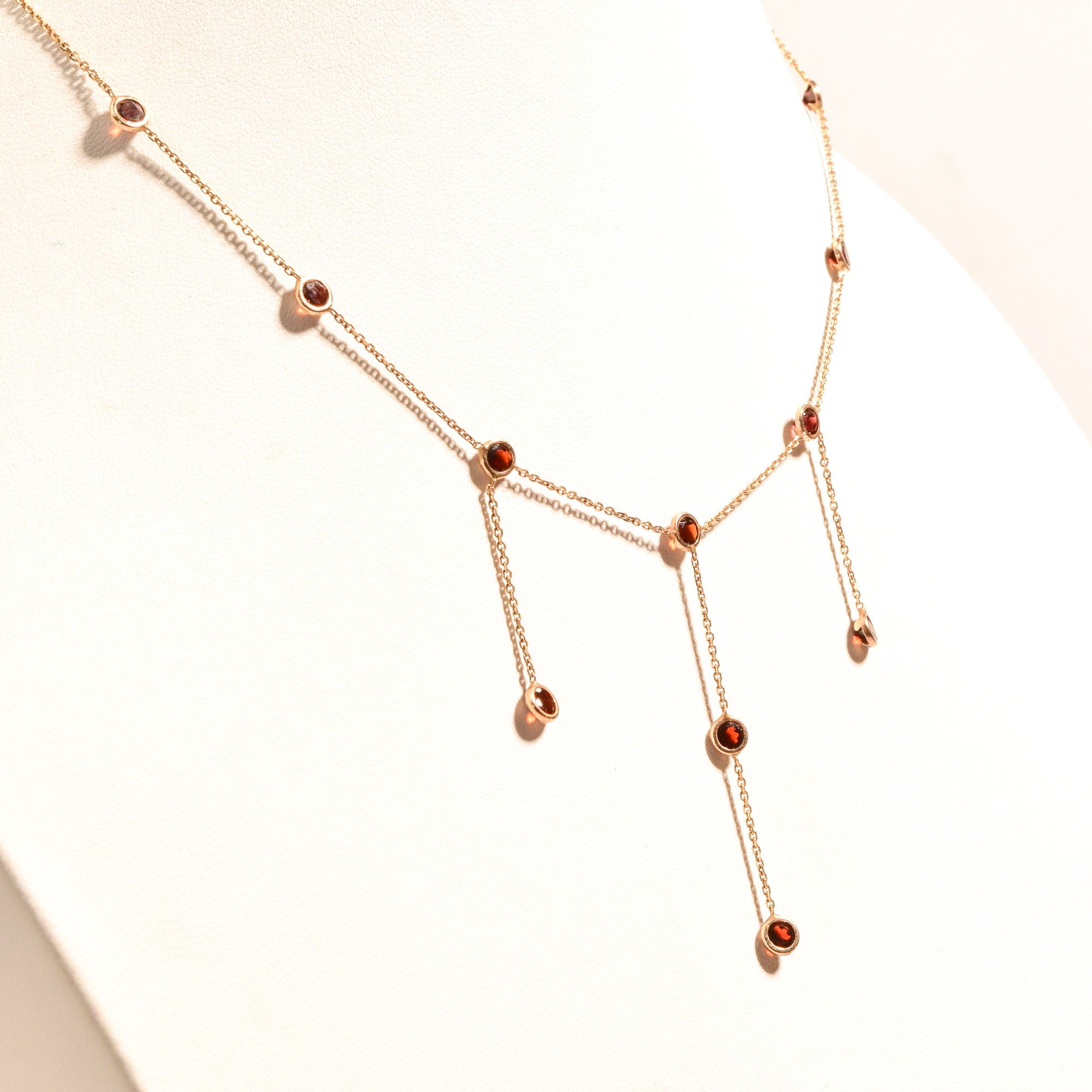 Elegant 14K Garnet Station 3-Tassel Choker Necklace, Minimalist Bezel-Set Drop Necklace, Ladies Gold Chain, 16" L