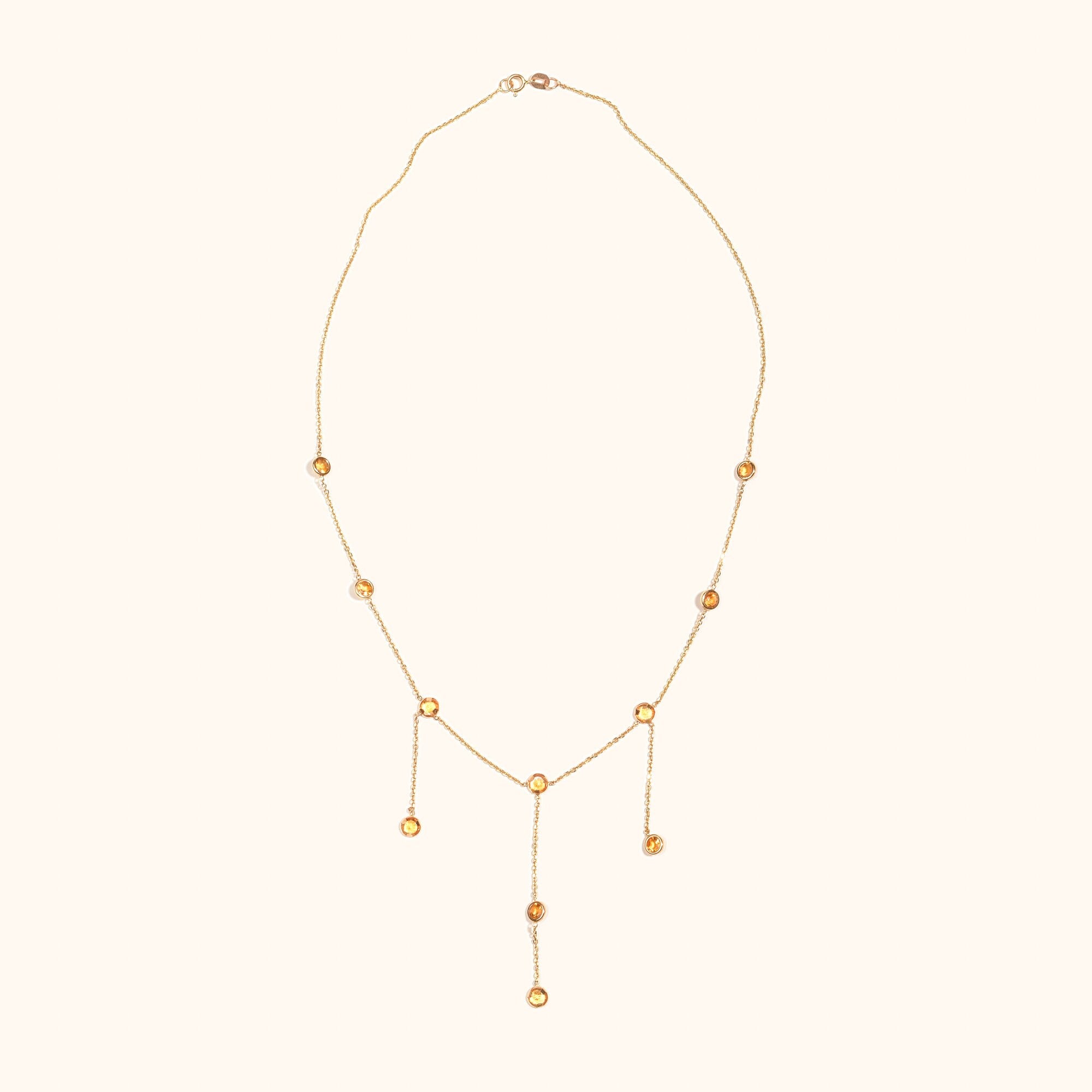 Elegant 14K Citrine Station 3-Tassel Choker Necklace, Minimalist Bezel-Set Drop Necklace, Ladies Gold Chain, 16" L