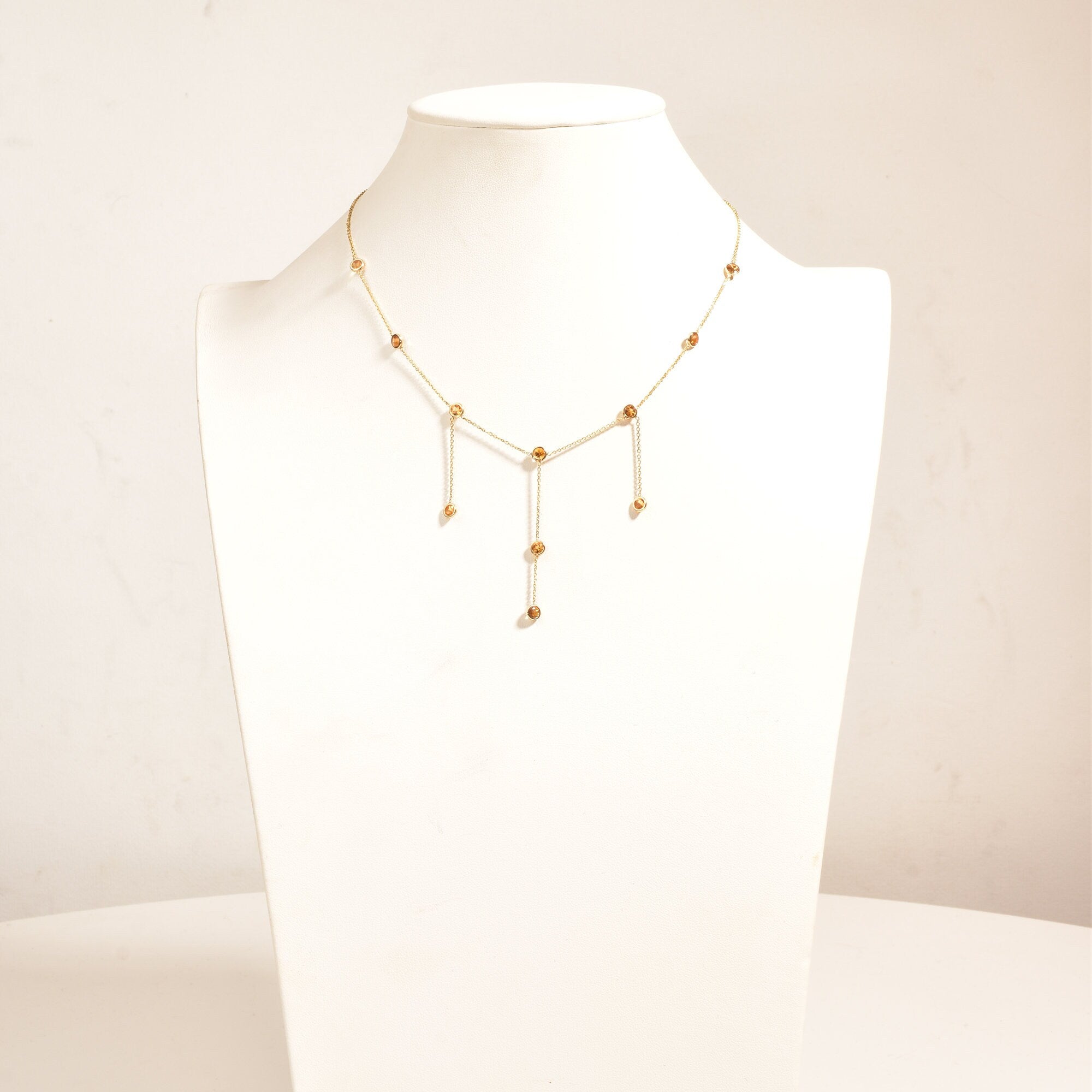 Elegant 14K Citrine Station 3-Tassel Choker Necklace, Minimalist Bezel-Set Drop Necklace, Ladies Gold Chain, 16" L
