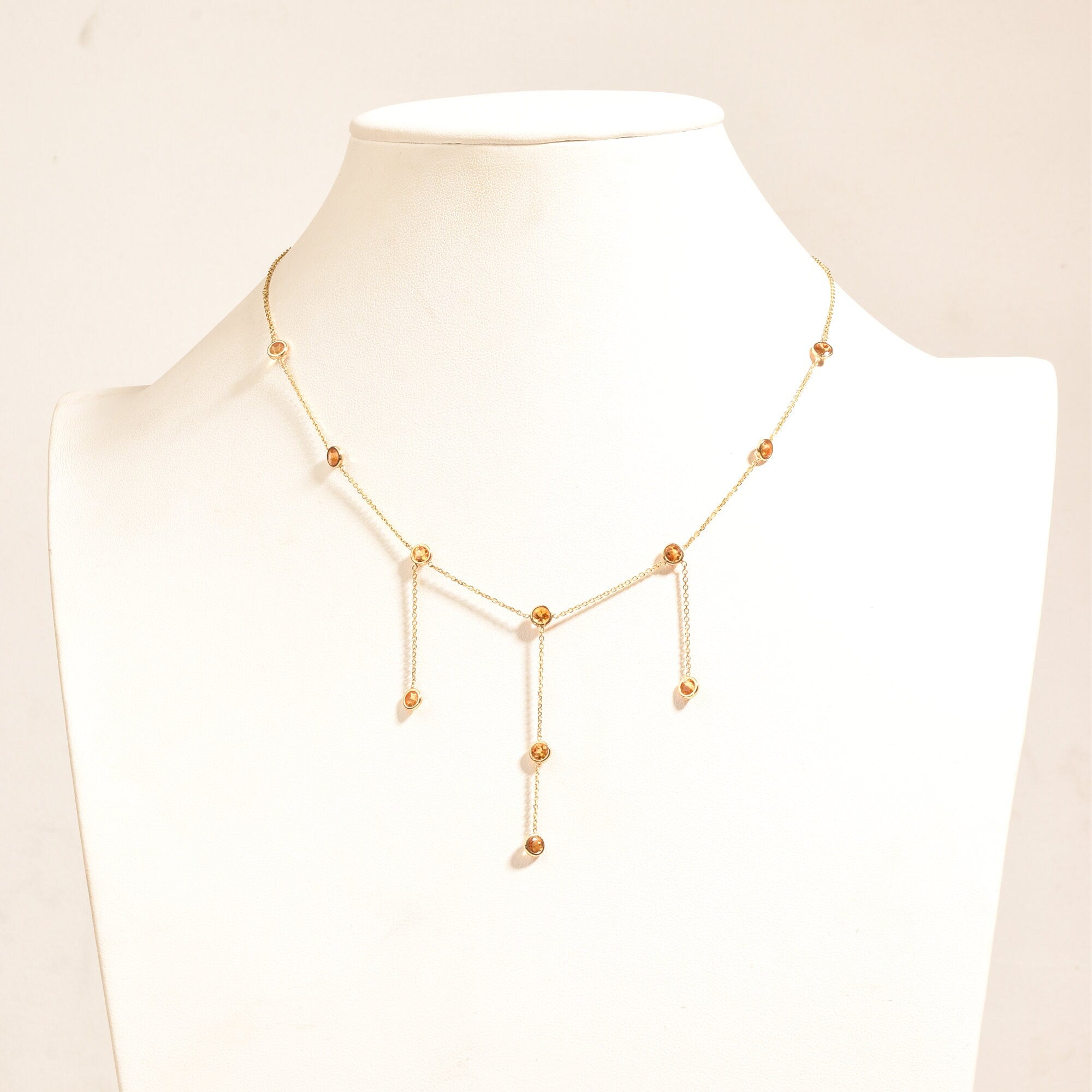 Elegant 14K Citrine Station 3-Tassel Choker Necklace, Minimalist Bezel-Set Drop Necklace, Ladies Gold Chain, 16" L