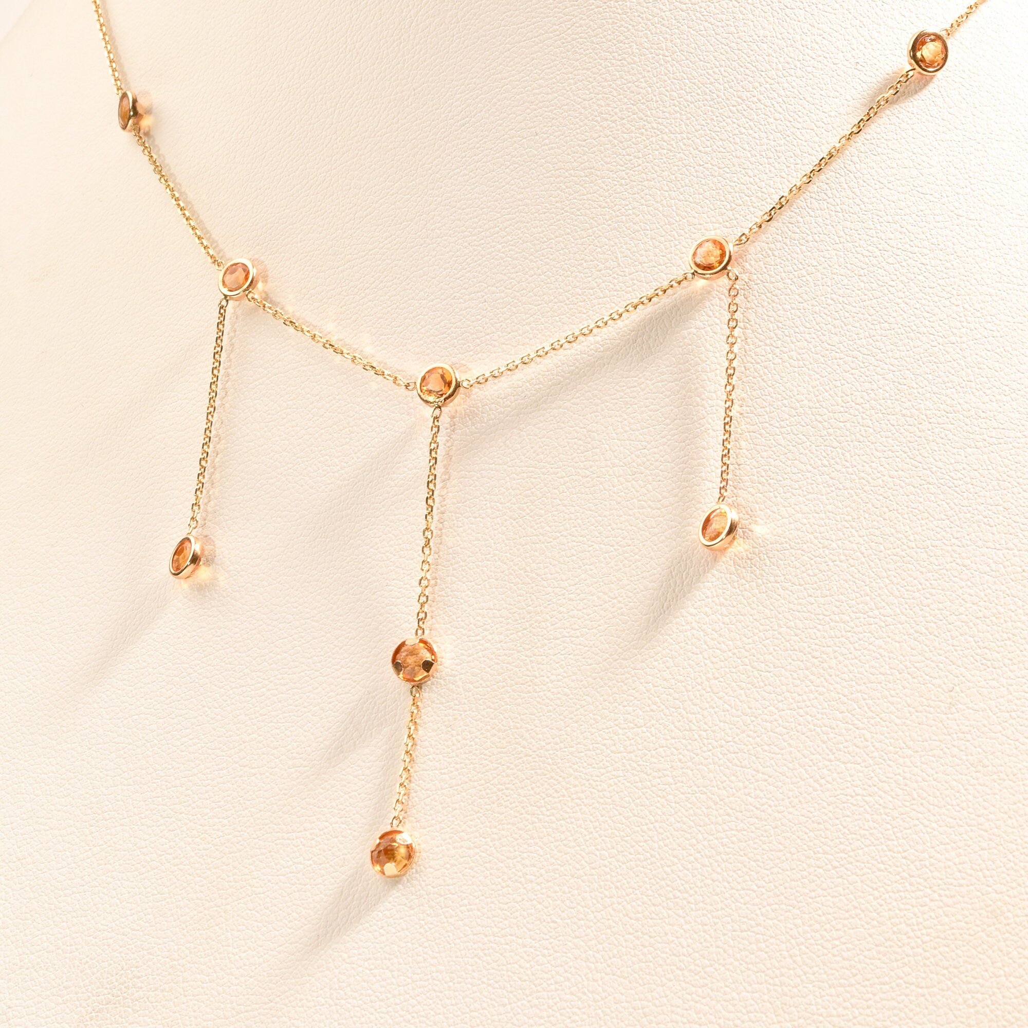 Elegant 14K Citrine Station 3-Tassel Choker Necklace, Minimalist Bezel-Set Drop Necklace, Ladies Gold Chain, 16" L