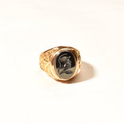 Men's 18K Hematite Intaglio Signet Ring, Gladiator Cameo Ring, Yellow Gold Leaf Motifs, Estate Jewelry, 9 US - Good's Vintage